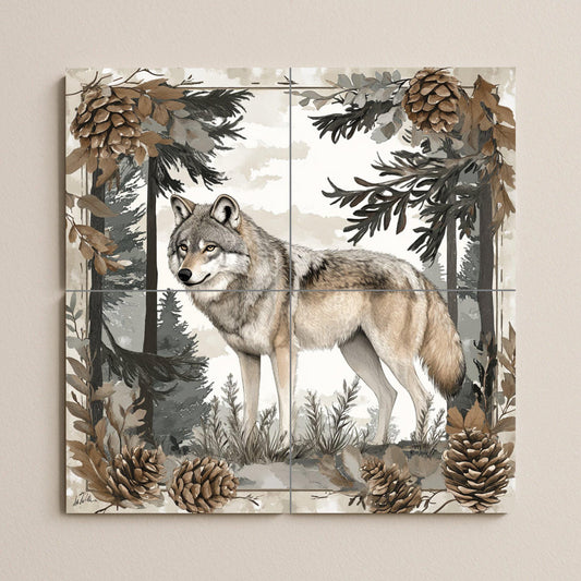 Nordic wolf ceramic mural: Scandinavian forest scene with pine trees and pine cones, nature-inspired tile art.