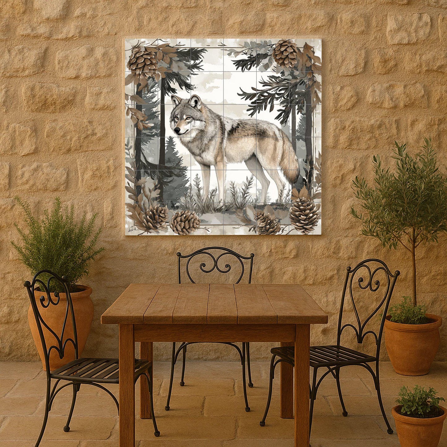Nordic wolf ceramic mural: Scandinavian forest scene with pine trees and pine cones, nature-inspired tile art.