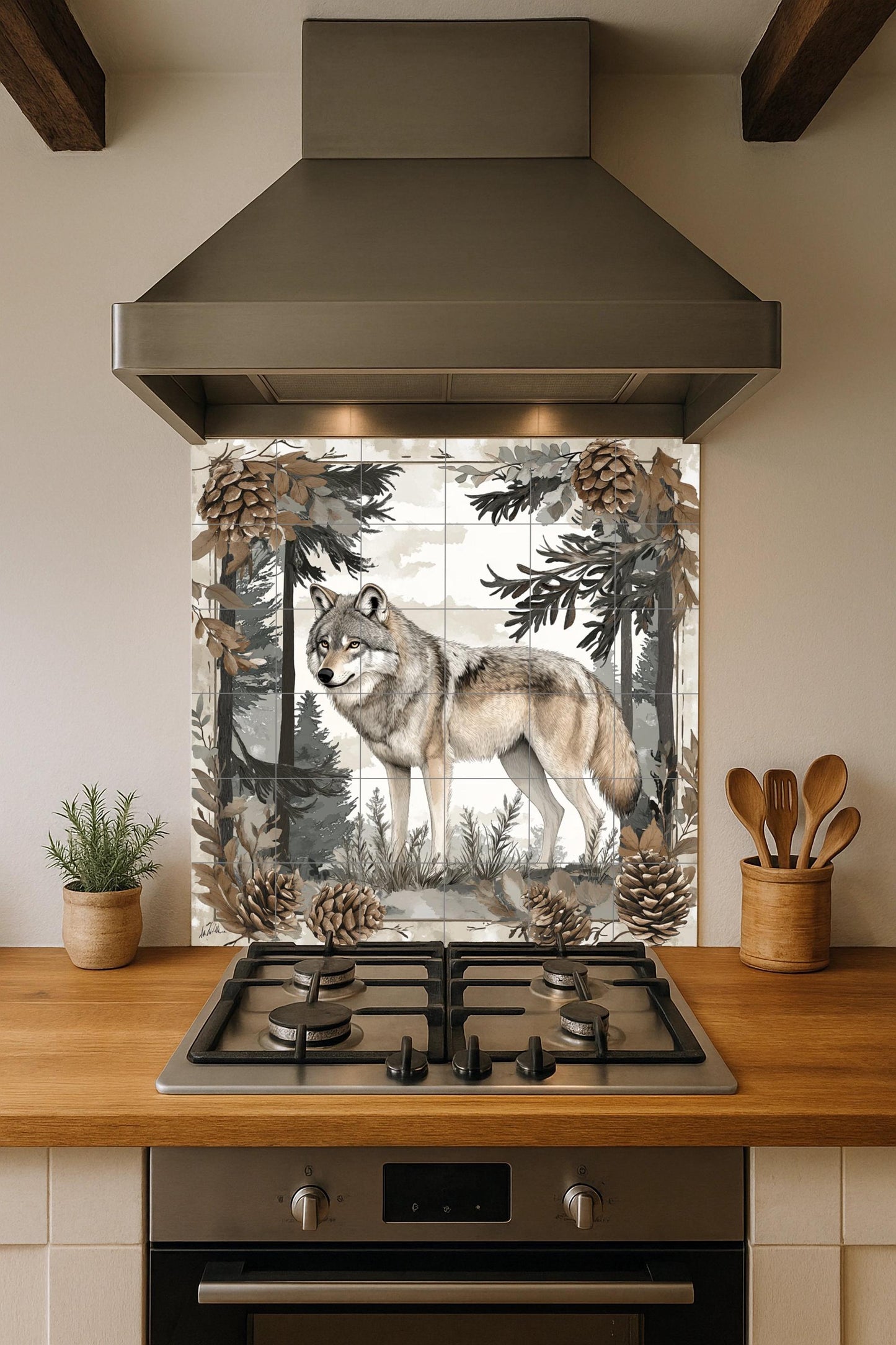 Nordic wolf ceramic mural: Scandinavian forest scene with pine trees and pine cones, nature-inspired tile art.