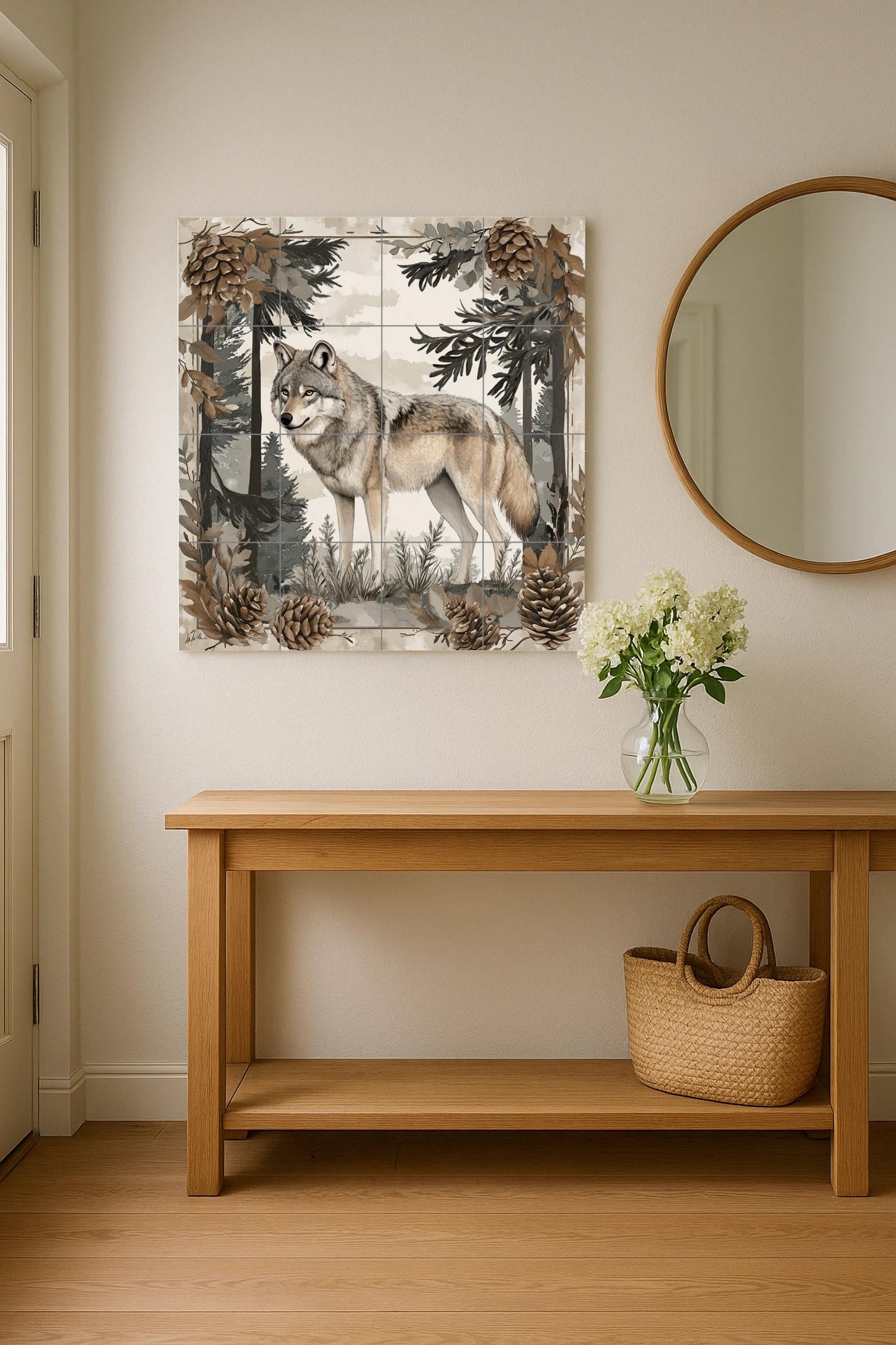 Nordic wolf ceramic mural: Scandinavian forest scene with pine trees and pine cones, nature-inspired tile art.