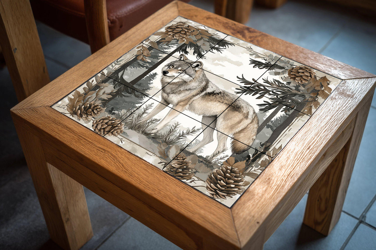 Nordic wolf ceramic mural: Scandinavian forest scene with pine trees and pine cones, nature-inspired tile art.