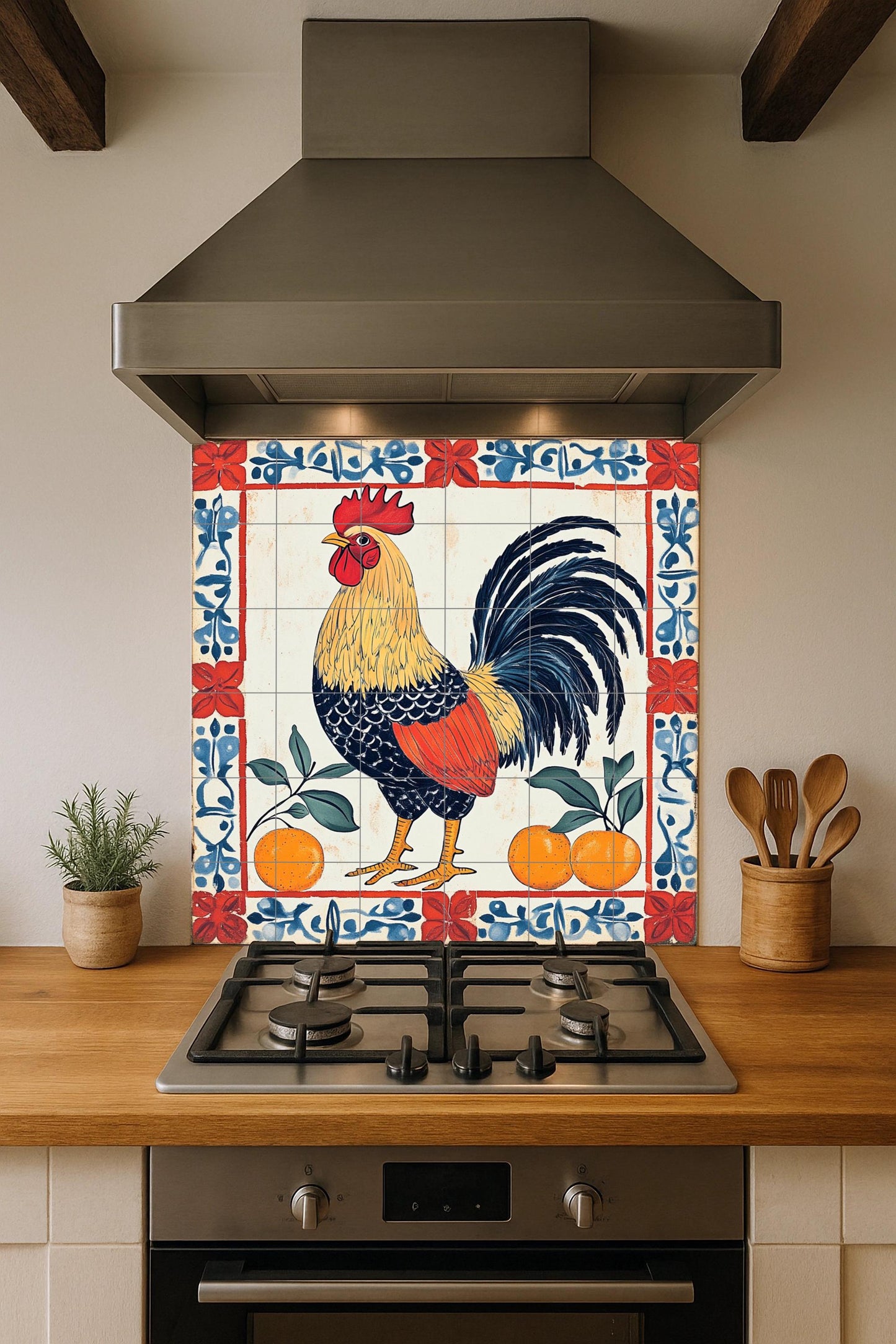 Ceramic mural of a Portuguese rooster – Folk art of the Barcelos Rooster with oranges and floral border, Iberian decorative tile