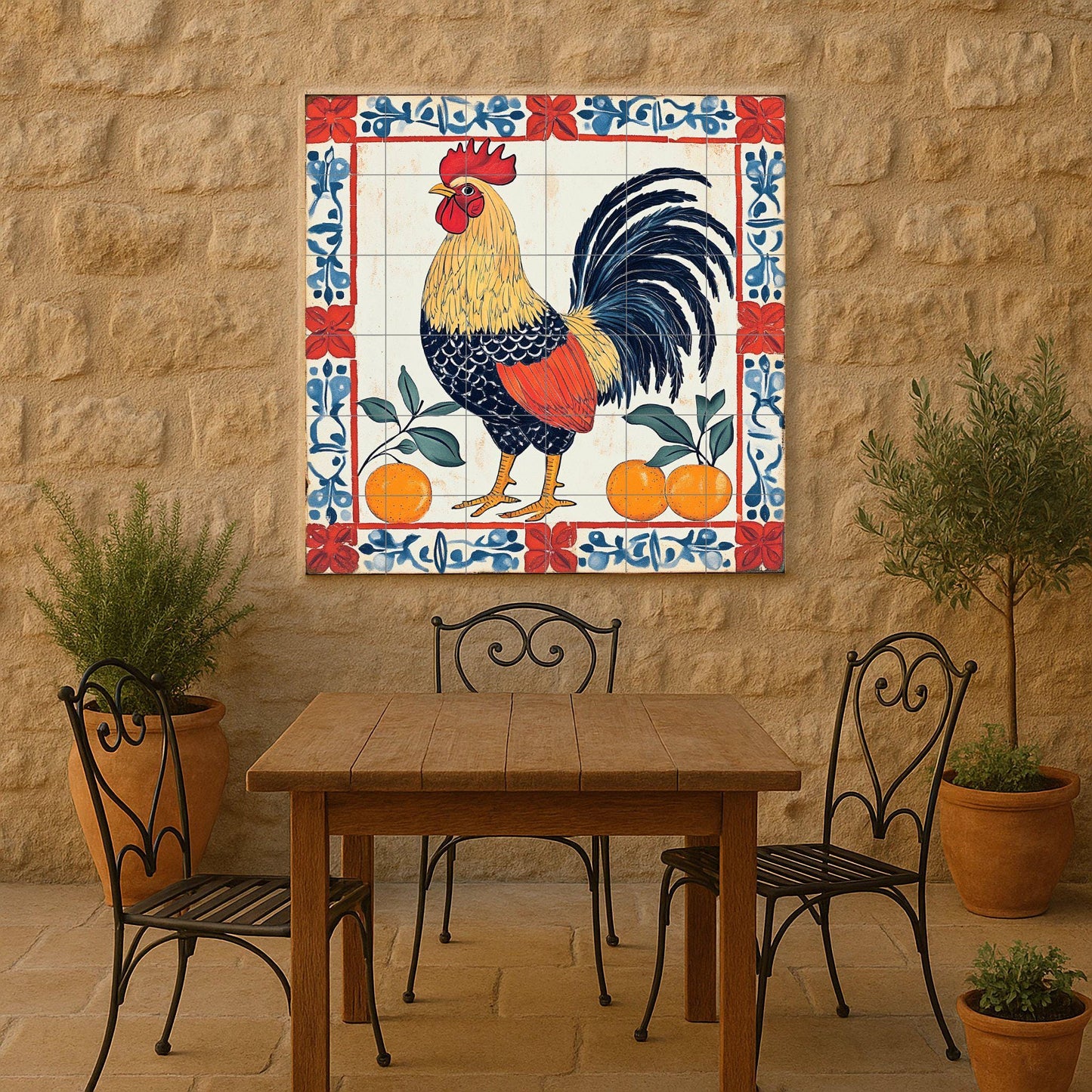 Ceramic mural of a Portuguese rooster – Folk art of the Barcelos Rooster with oranges and floral border, Iberian decorative tile