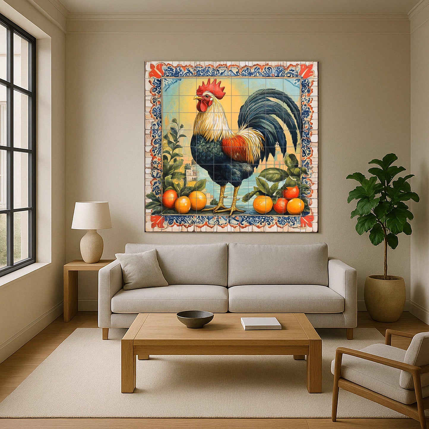 Morning ceramic mural of Seville: Iberian rooster with oranges and Moorish tile border, Andalusian art from southern Spain.