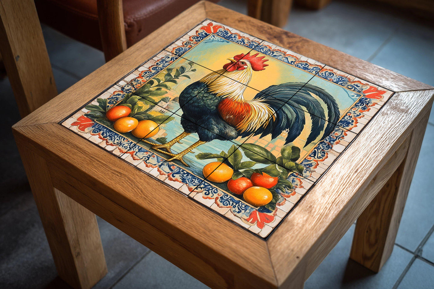 Morning ceramic mural of Seville: Iberian rooster with oranges and Moorish tile border, Andalusian art from southern Spain.