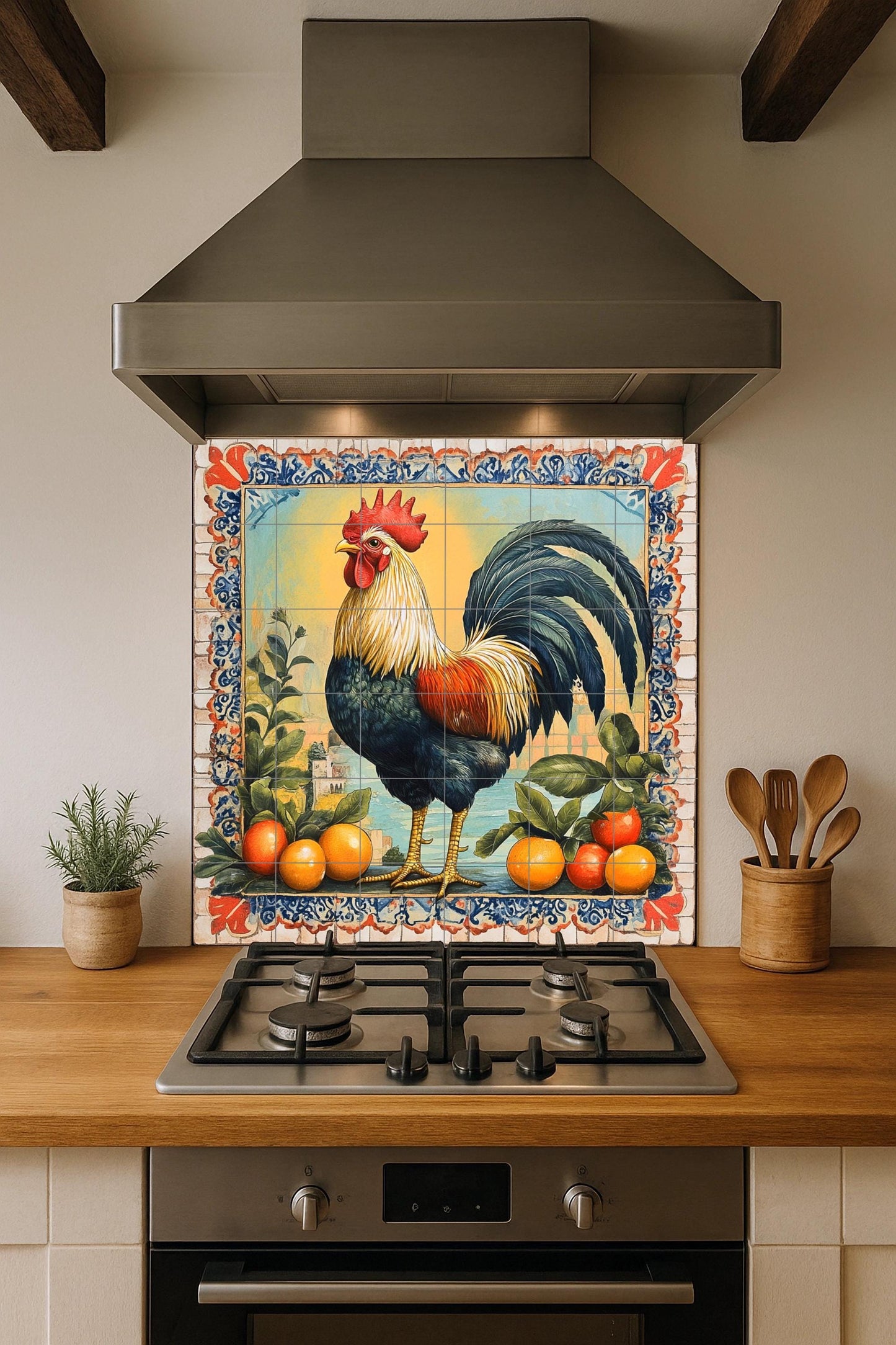 Morning ceramic mural of Seville: Iberian rooster with oranges and Moorish tile border, Andalusian art from southern Spain.