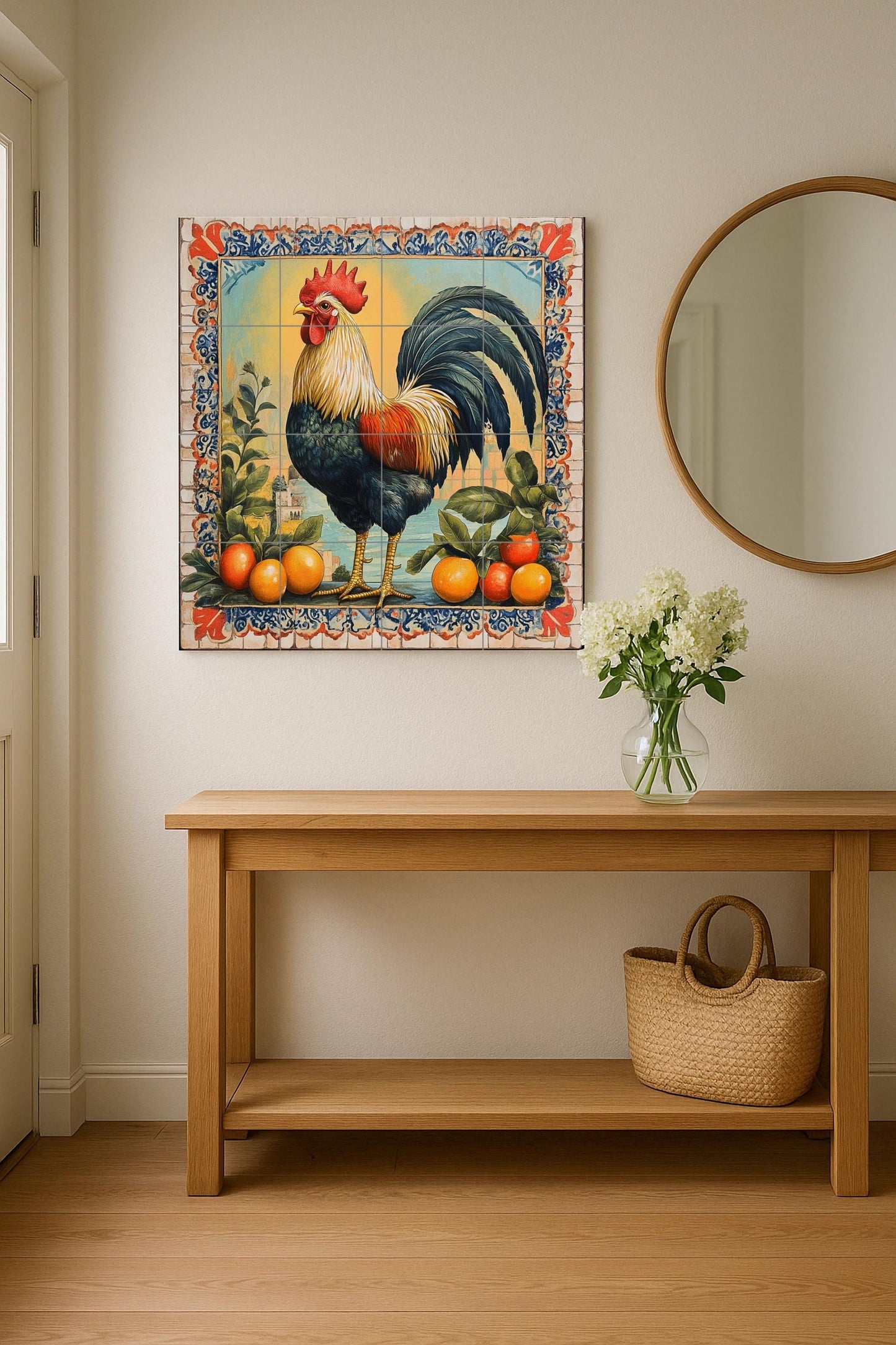 Morning ceramic mural of Seville: Iberian rooster with oranges and Moorish tile border, Andalusian art from southern Spain.