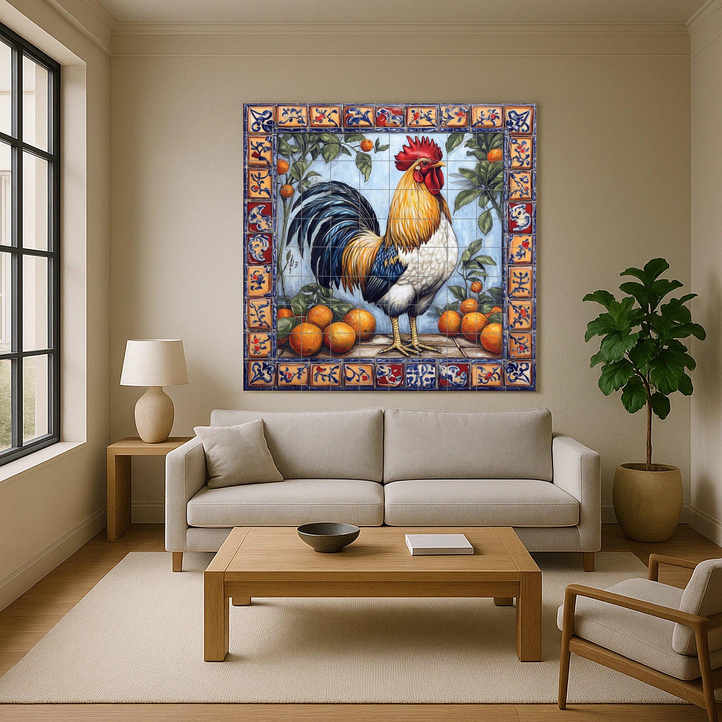 Mediterranean rooster ceramic mural: colorful farm scene with oranges and folk border, Andalusian decorative tile