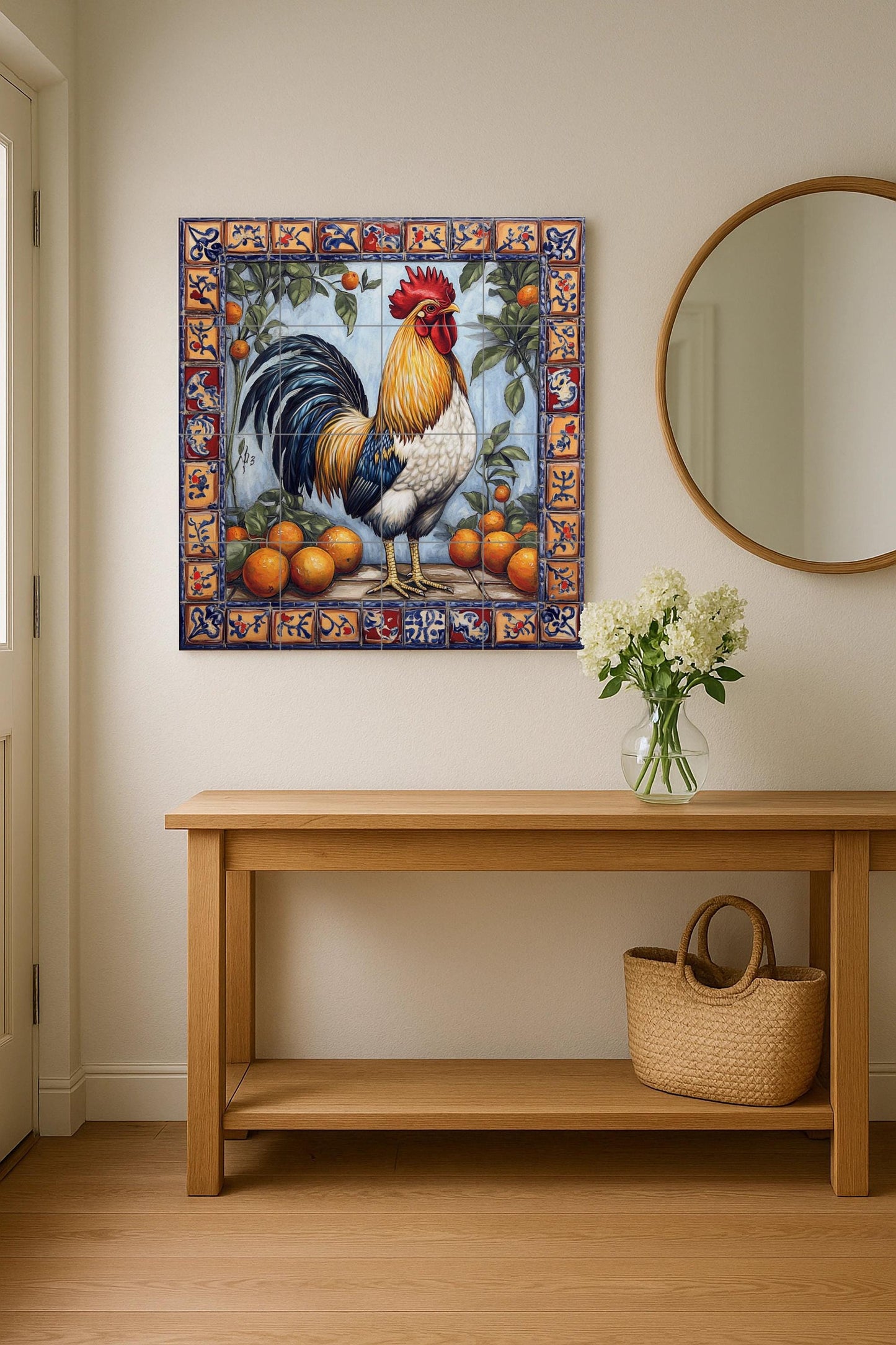 Mediterranean rooster ceramic mural: colorful farm scene with oranges and folk border, Andalusian decorative tile