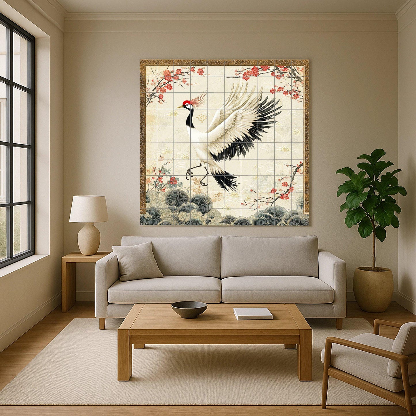 Japanese crane ceramic mural: red-crowned crane with cherry blossoms and golden clouds, an elegant oriental design that evokes peace and grace.