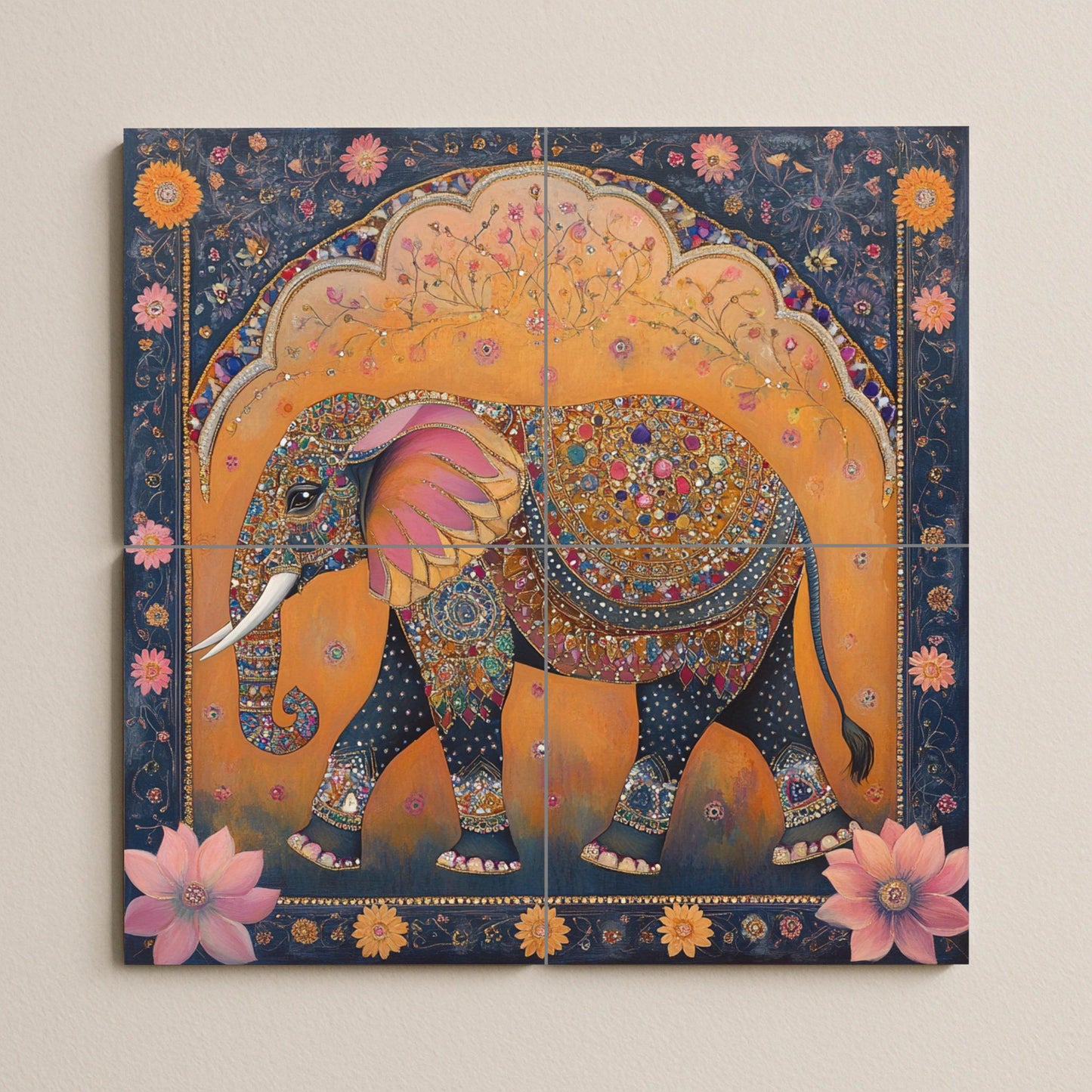 Royal Jaipur Elephant Ceramic Mural: Indian heritage ornamental design with jewel and lotus motifs in gold and indigo.
