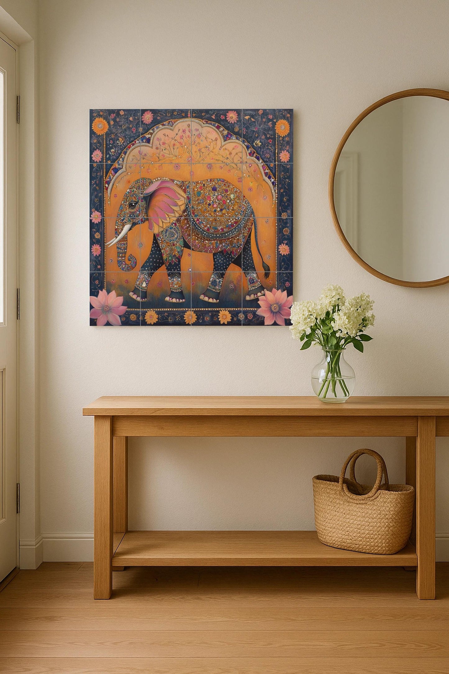 Royal Jaipur Elephant Ceramic Mural: Indian heritage ornamental design with jewel and lotus motifs in gold and indigo.