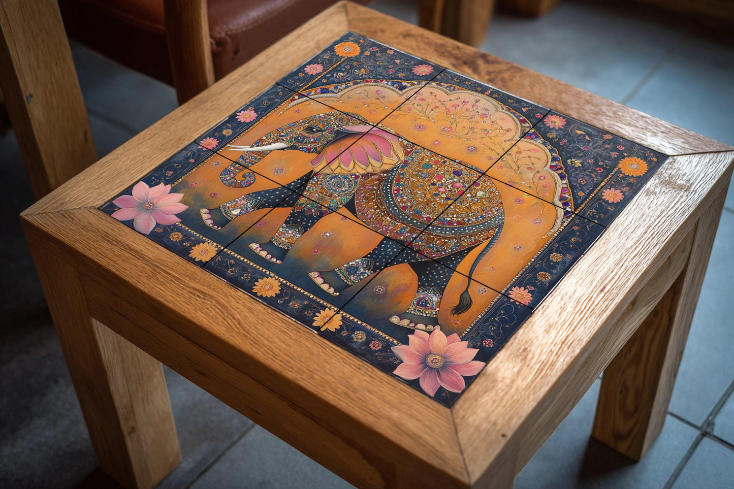 Royal Jaipur Elephant Ceramic Mural: Indian heritage ornamental design with jewel and lotus motifs in gold and indigo.