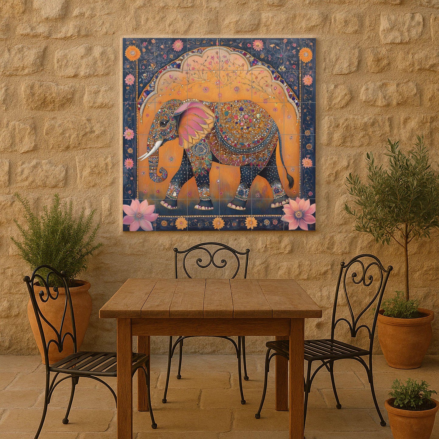 Royal Jaipur Elephant Ceramic Mural: Indian heritage ornamental design with jewel and lotus motifs in gold and indigo.