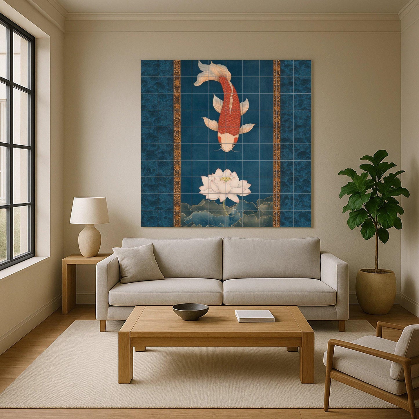 Ceramic mural of lotus and koi: red carp on a blooming white lotus, intense indigo waters with golden details, serenity of Asian inspiration.