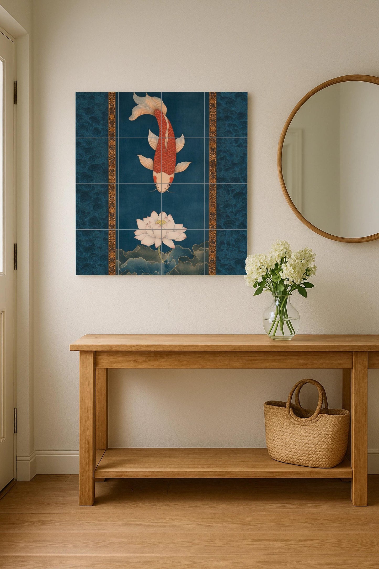 Ceramic mural of lotus and koi: red carp on a blooming white lotus, intense indigo waters with golden details, serenity of Asian inspiration.