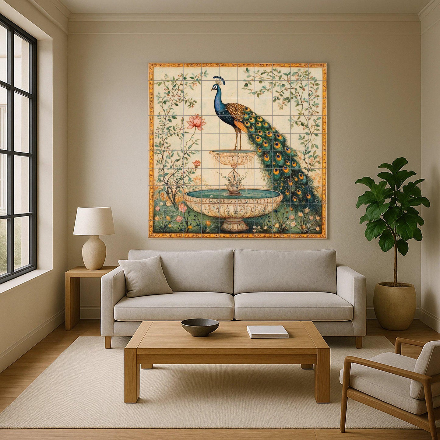Ceramic mural with Indian peacock fountain: majestic bird among lotus flowers and garden vines, handcrafted design with golden details.