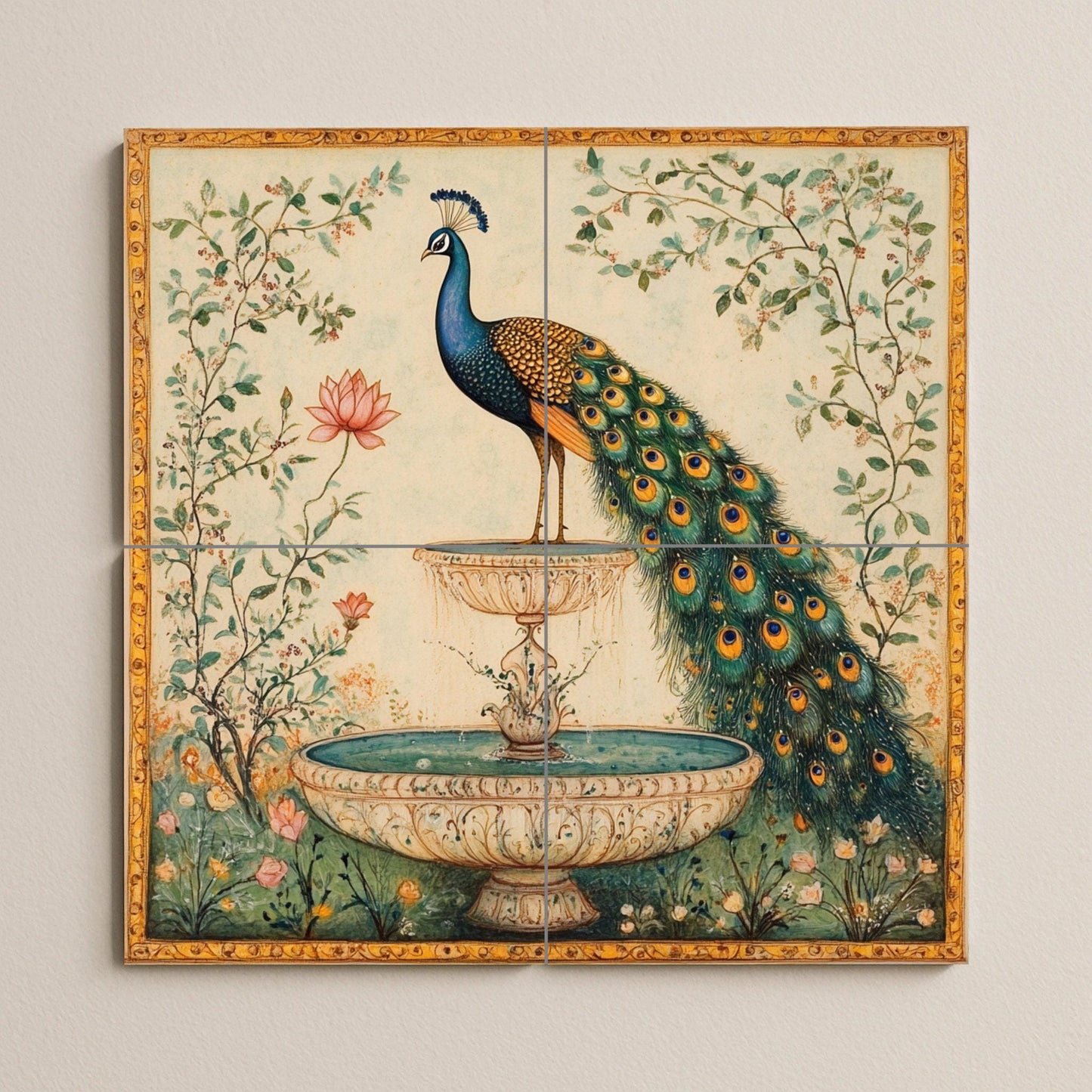 Ceramic mural with Indian peacock fountain: majestic bird among lotus flowers and garden vines, handcrafted design with golden details.