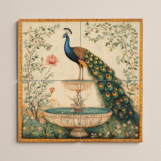 Ceramic mural with Indian peacock fountain: majestic bird among lotus flowers and garden vines, handcrafted design with golden details.