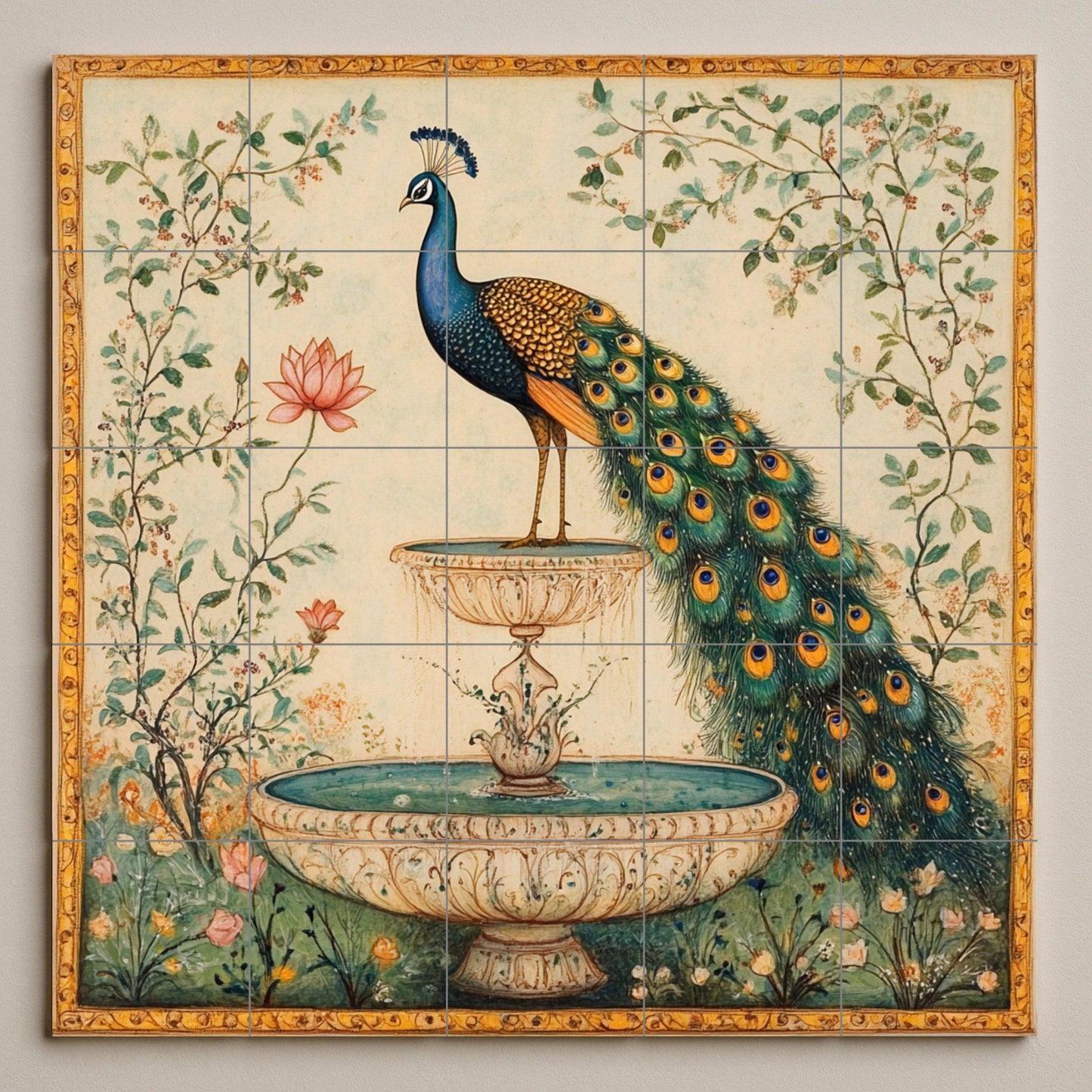Ceramic mural with Indian peacock fountain: majestic bird among lotus flowers and garden vines, handcrafted design with golden details.