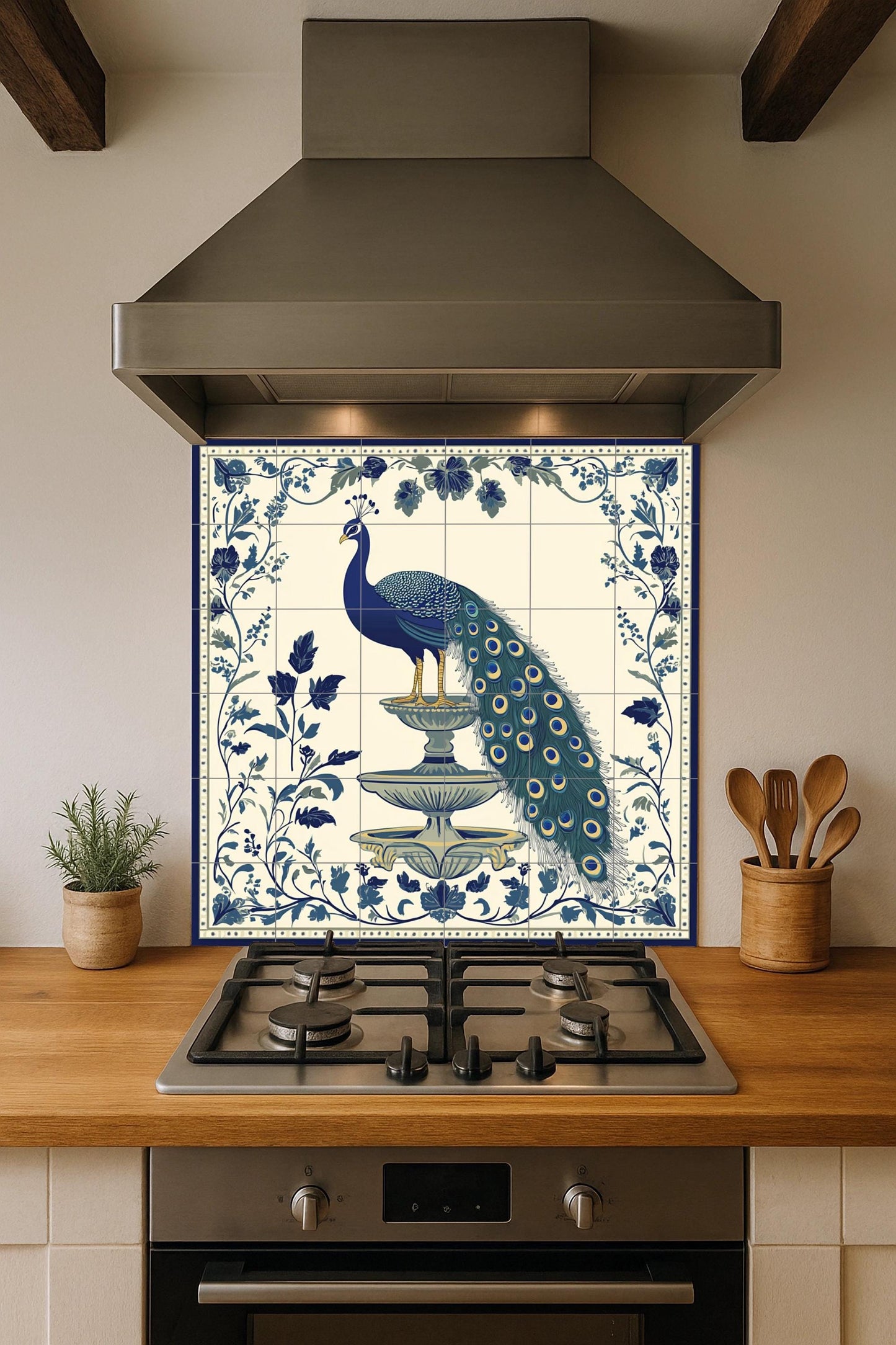 Imperial Peacock Ceramic Mural: Blue and ivory fountain scene with floral ornamentation, elegant decorative art in classic style.