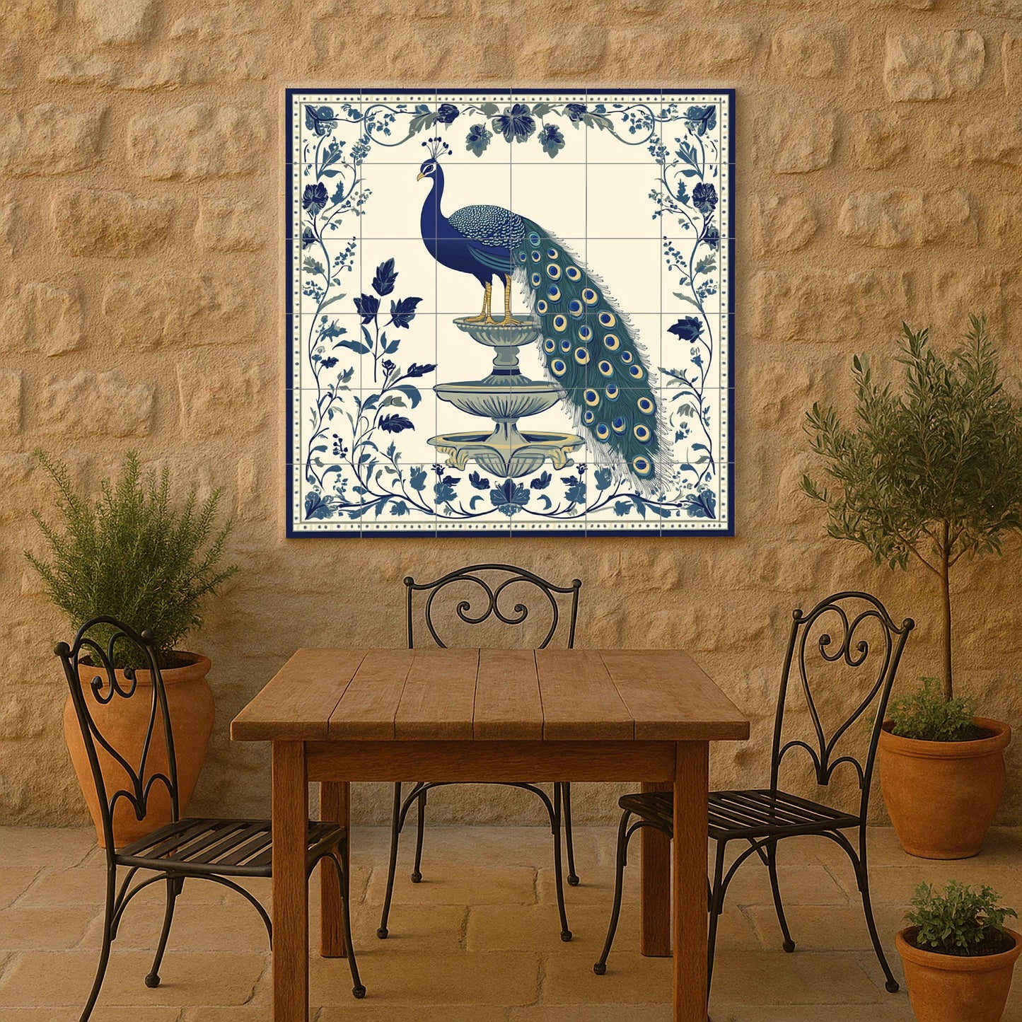 Imperial Peacock Ceramic Mural: Blue and ivory fountain scene with floral ornamentation, elegant decorative art in classic style.