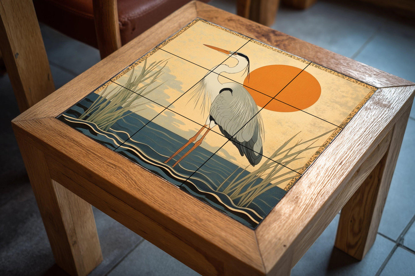 Golden Horizon ceramic mural: Elegant heron by the water with the rising sun. Minimalist design inspired by Japanese art in warm earth tones.