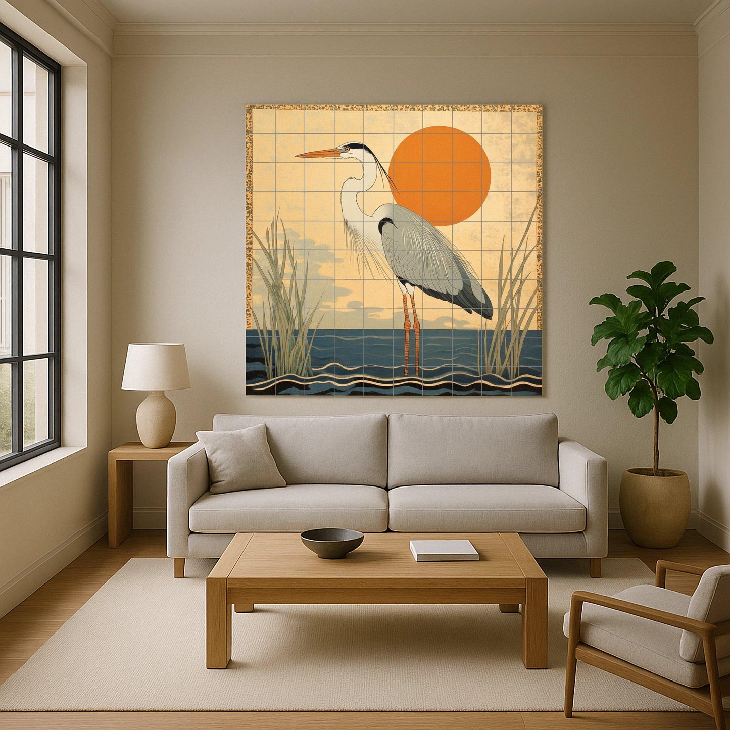 Golden Horizon ceramic mural: Elegant heron by the water with the rising sun. Minimalist design inspired by Japanese art in warm earth tones.