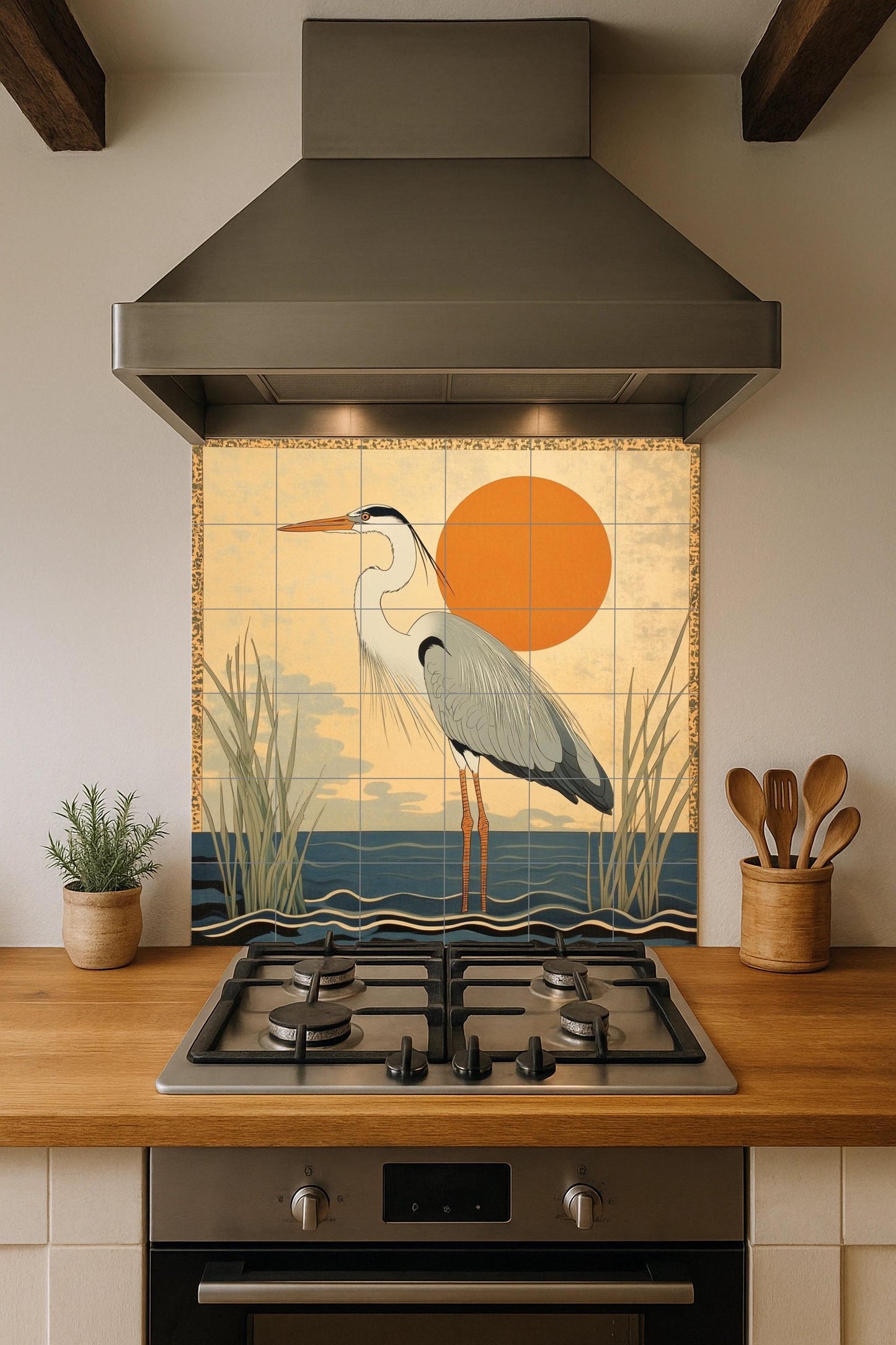 Golden Horizon ceramic mural: Elegant heron by the water with the rising sun. Minimalist design inspired by Japanese art in warm earth tones.
