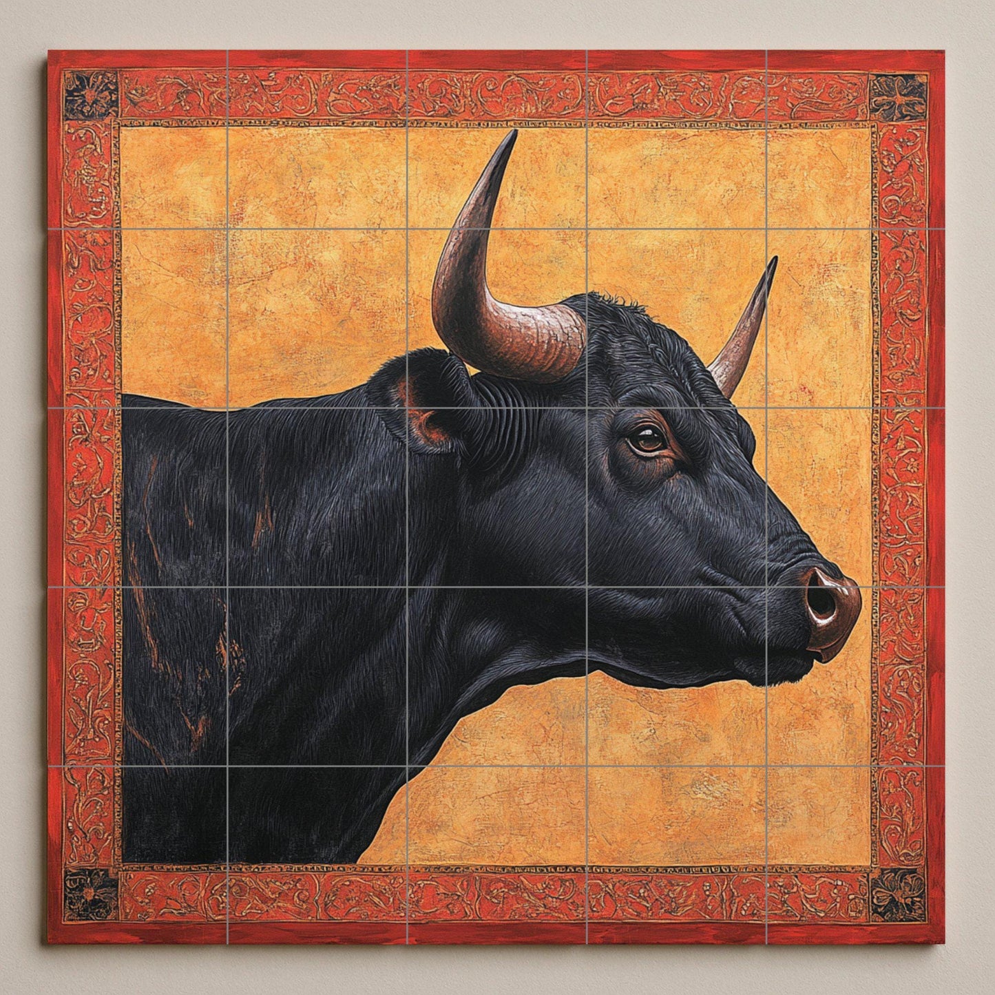 Ceramic mural from Las Ventas, Madrid: Portrait of a black bull with ornate red frame and gold background, Spanish heritage art tile