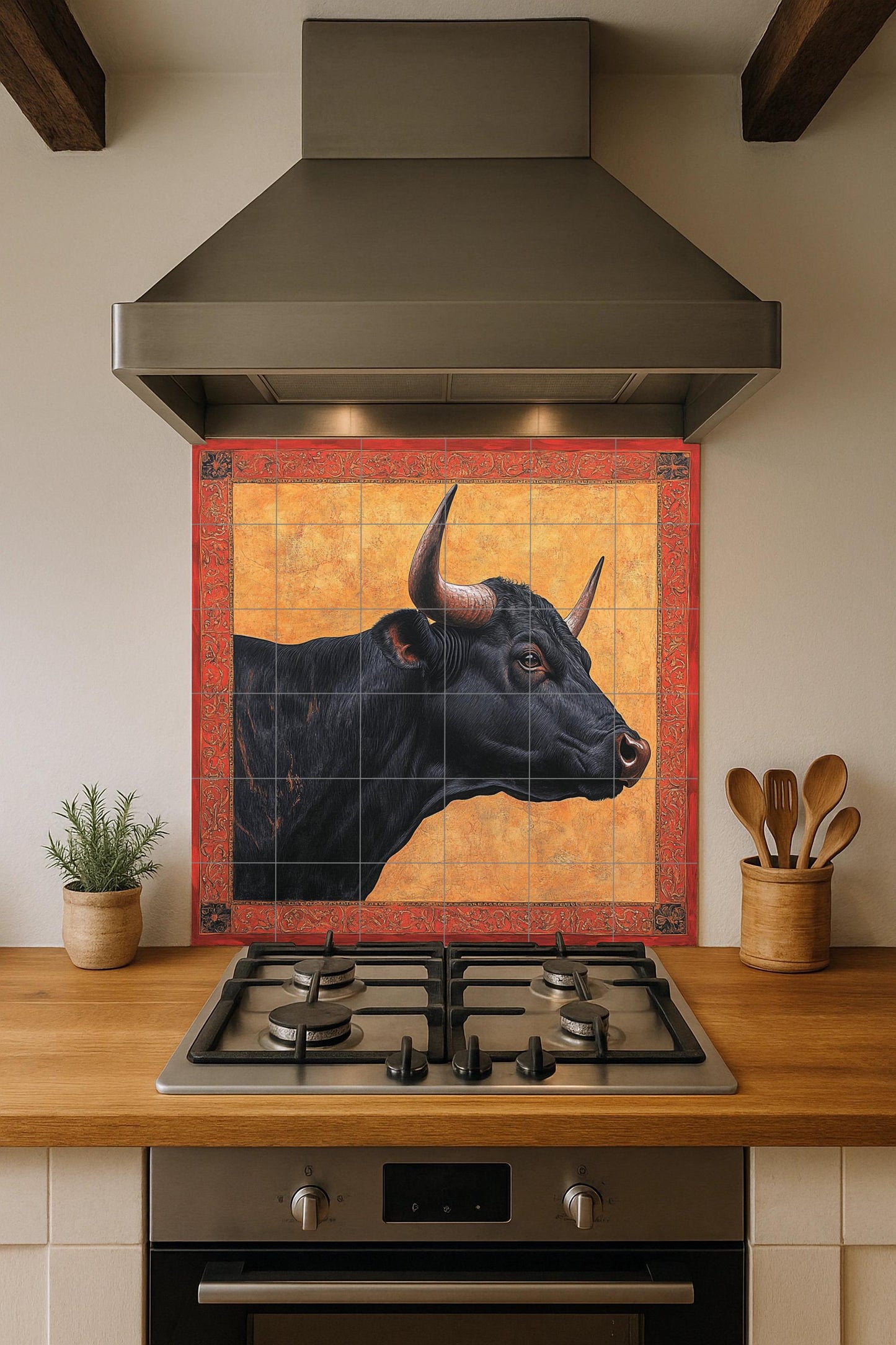 Ceramic mural from Las Ventas, Madrid: Portrait of a black bull with ornate red frame and gold background, Spanish heritage art tile