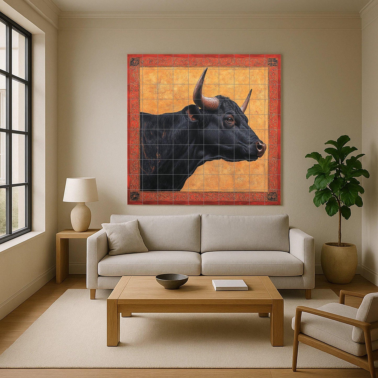 Ceramic mural from Las Ventas, Madrid: Portrait of a black bull with ornate red frame and gold background, Spanish heritage art tile