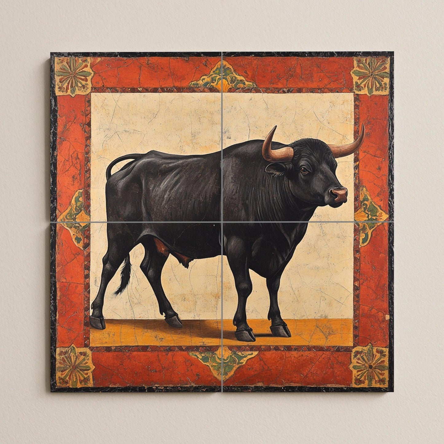 Noble Bull Ceramic Mural: Black Bull with Rustic Frame in Ochre and Red Tones, Classic Symbol of Strength and Elegance