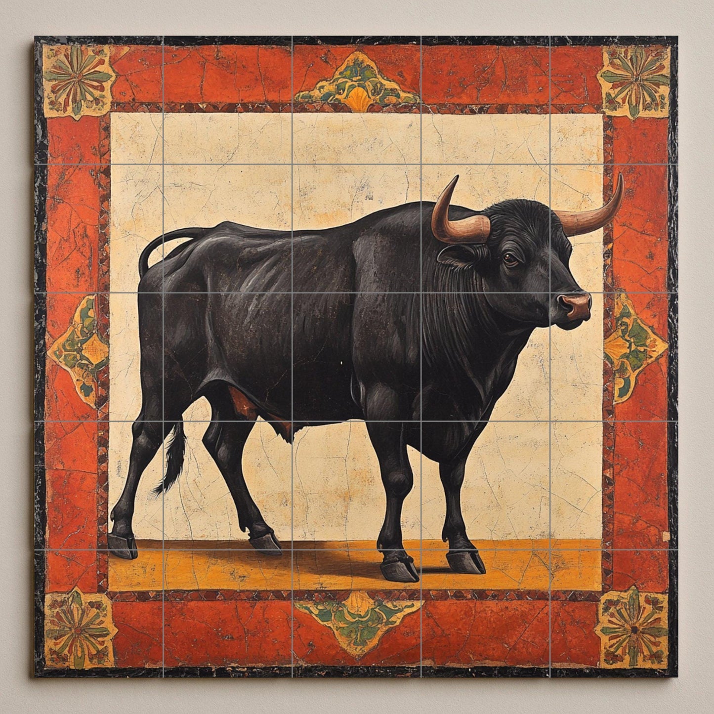 Noble Bull Ceramic Mural: Black Bull with Rustic Frame in Ochre and Red Tones, Classic Symbol of Strength and Elegance