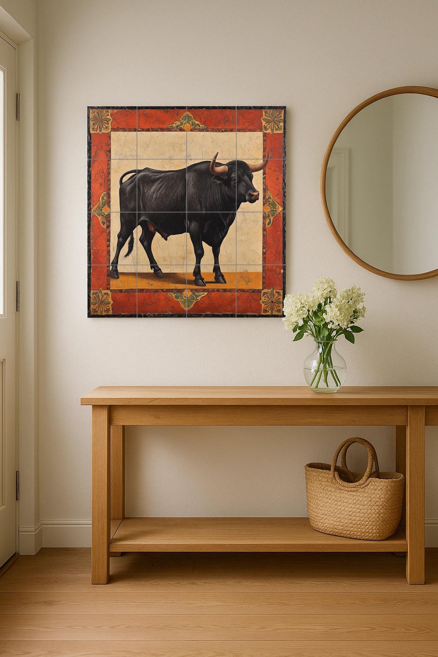 Noble Bull Ceramic Mural: Black Bull with Rustic Frame in Ochre and Red Tones, Classic Symbol of Strength and Elegance