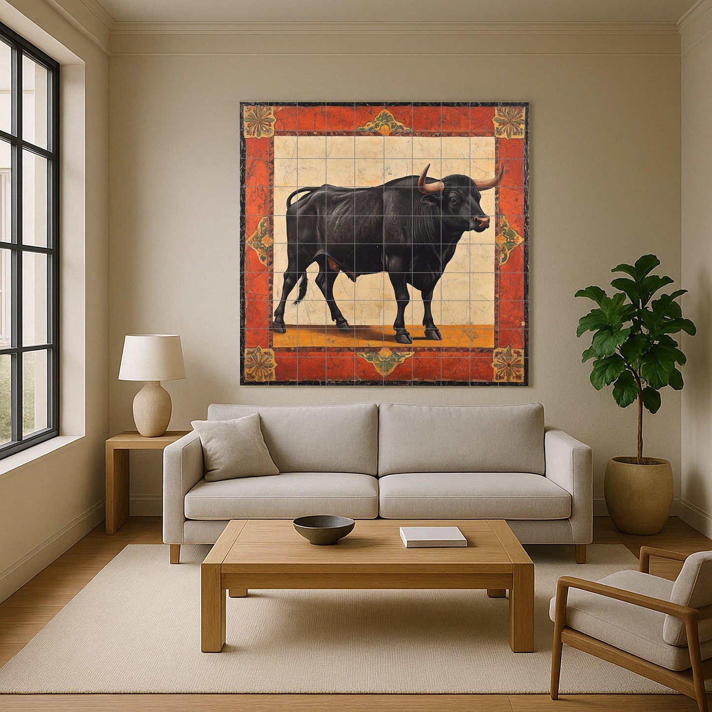 Noble Bull Ceramic Mural: Black Bull with Rustic Frame in Ochre and Red Tones, Classic Symbol of Strength and Elegance