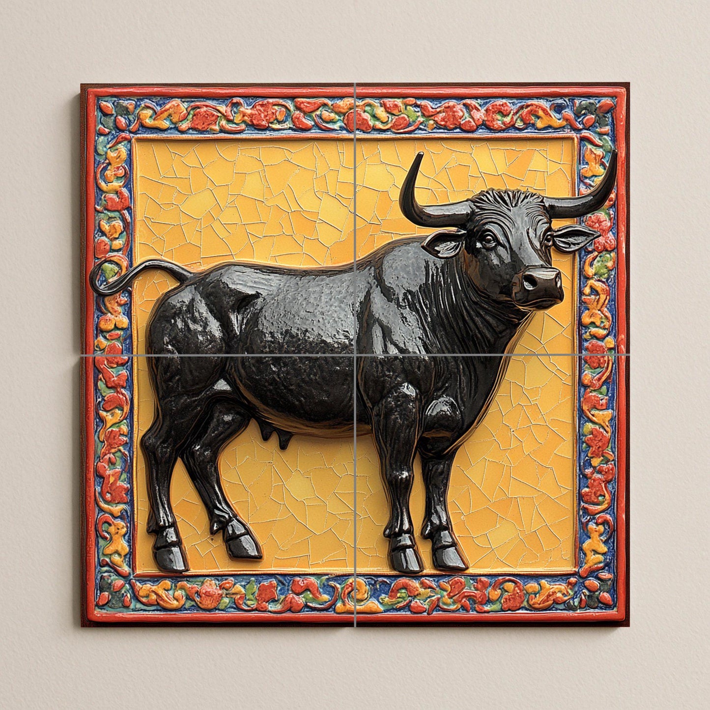 Ceramic mural of a majestic bull: glossy black figure on a gold mosaic background with an ornate border, symbol of strength and legacy.