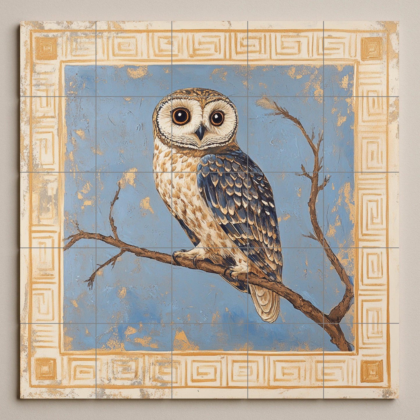 Athenian owl ceramic mural: classic blue and gold motif with perched owl and Greek geometric frame, timeless handcrafted design.