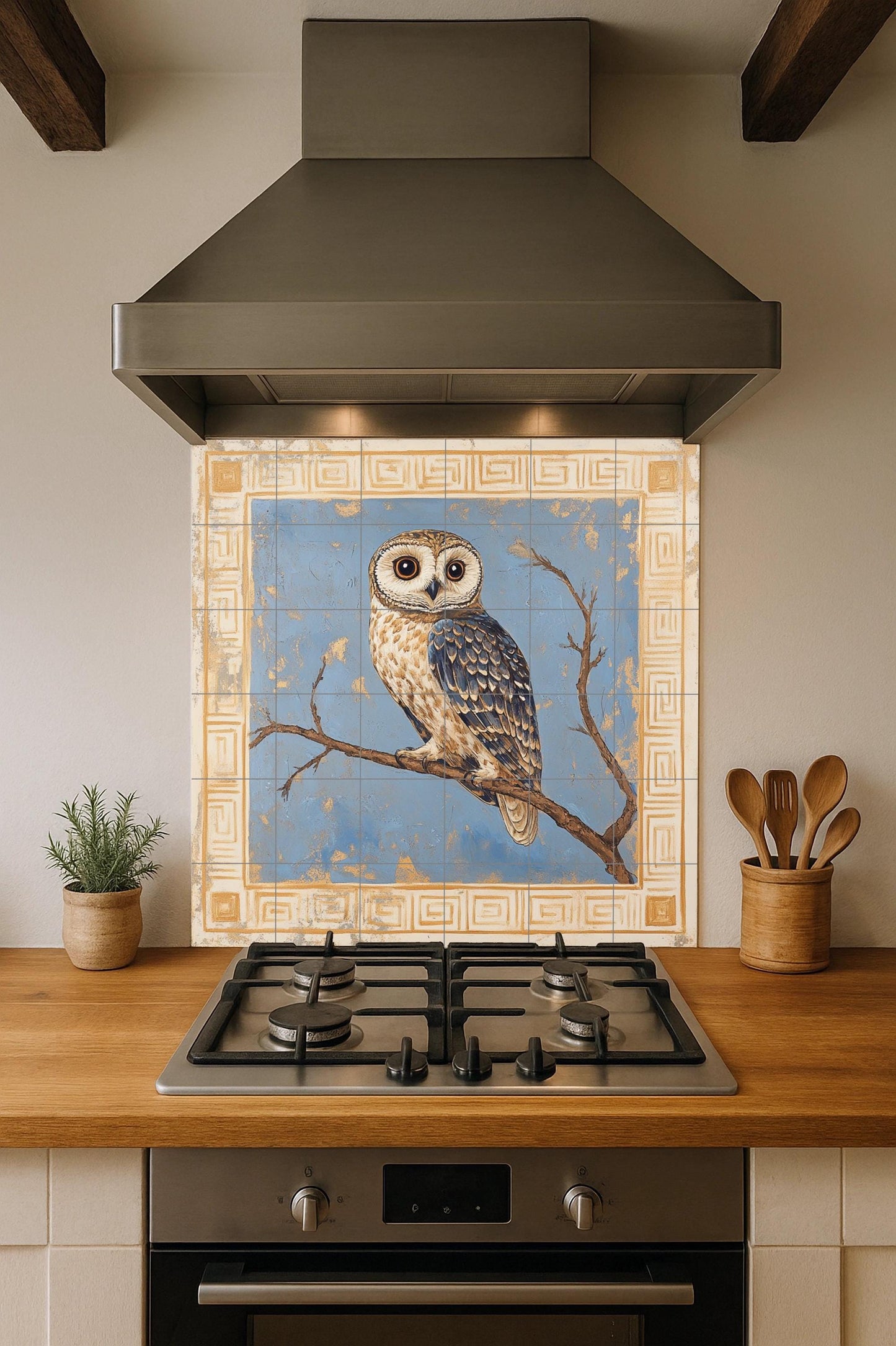 Athenian owl ceramic mural: classic blue and gold motif with perched owl and Greek geometric frame, timeless handcrafted design.