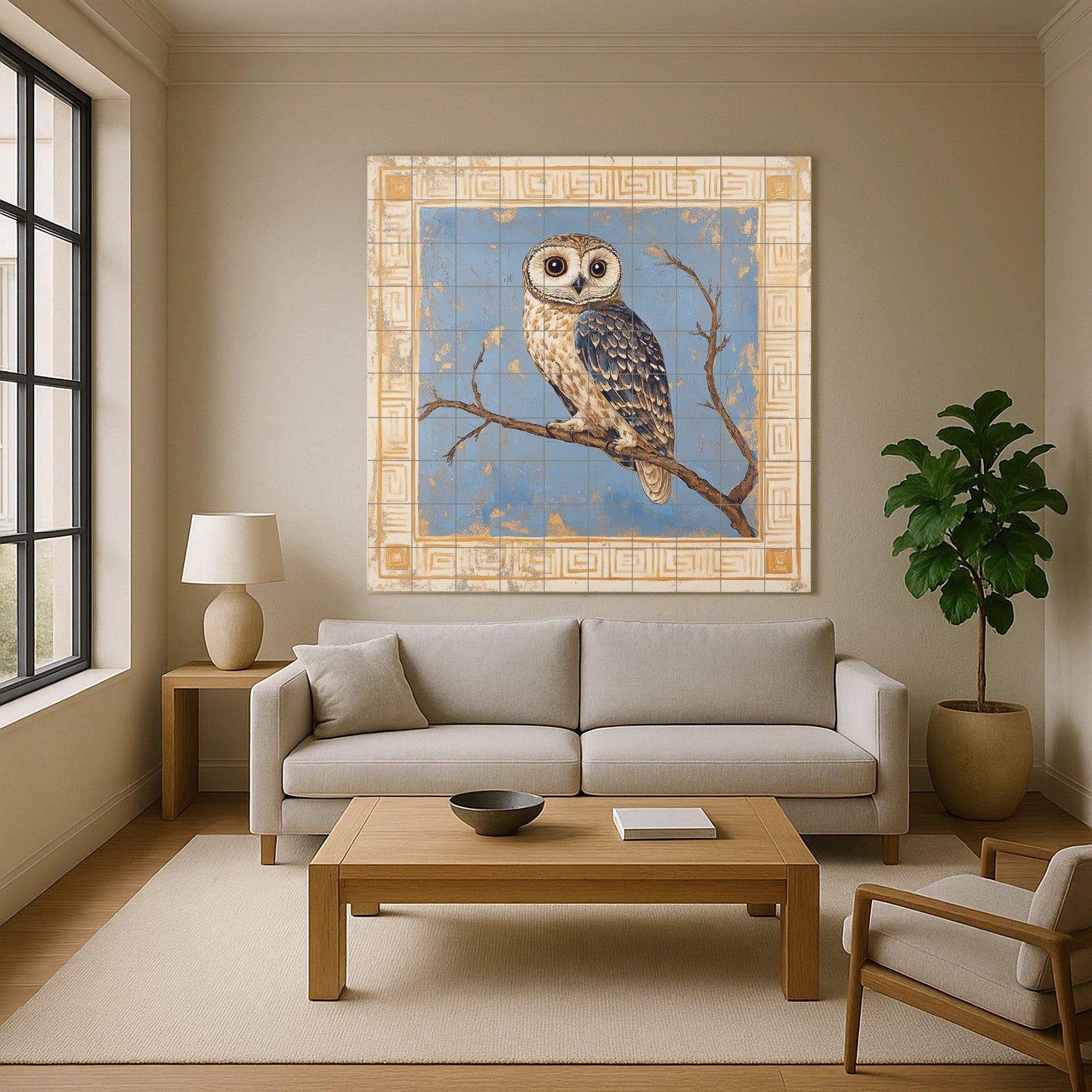 Athenian owl ceramic mural: classic blue and gold motif with perched owl and Greek geometric frame, timeless handcrafted design.
