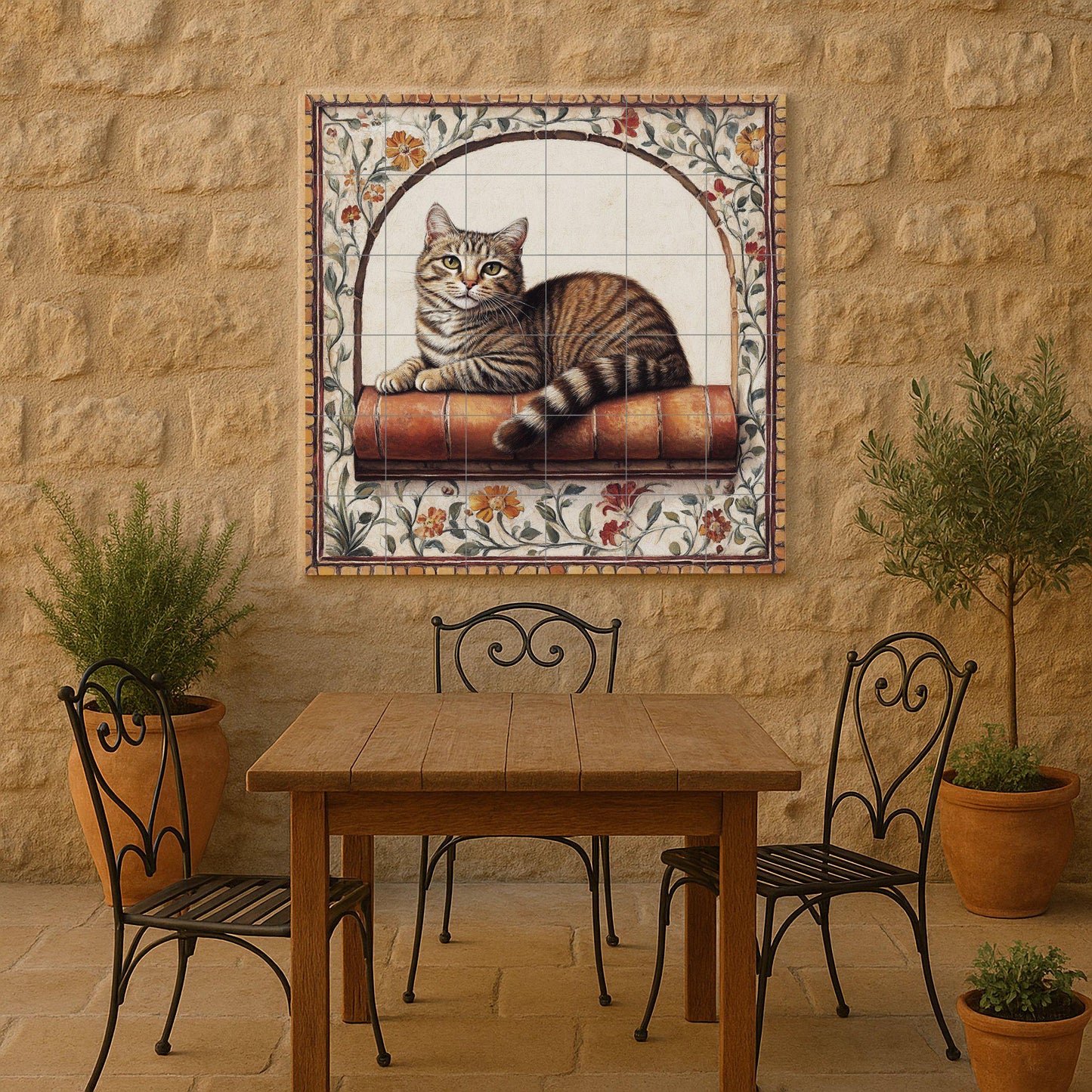 Ceramic mural of a tabby cat: Feline resting on a terracotta shelf with a floral arch, vintage charm and warm artistic details.