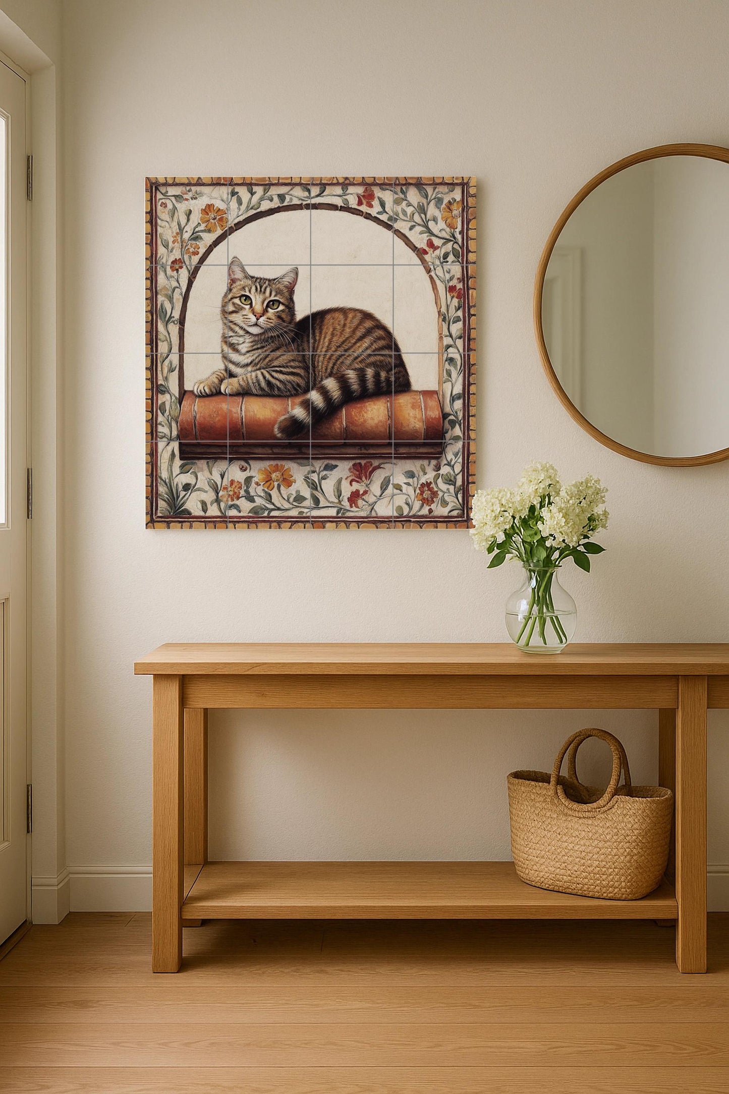 Ceramic mural of a tabby cat: Feline resting on a terracotta shelf with a floral arch, vintage charm and warm artistic details.