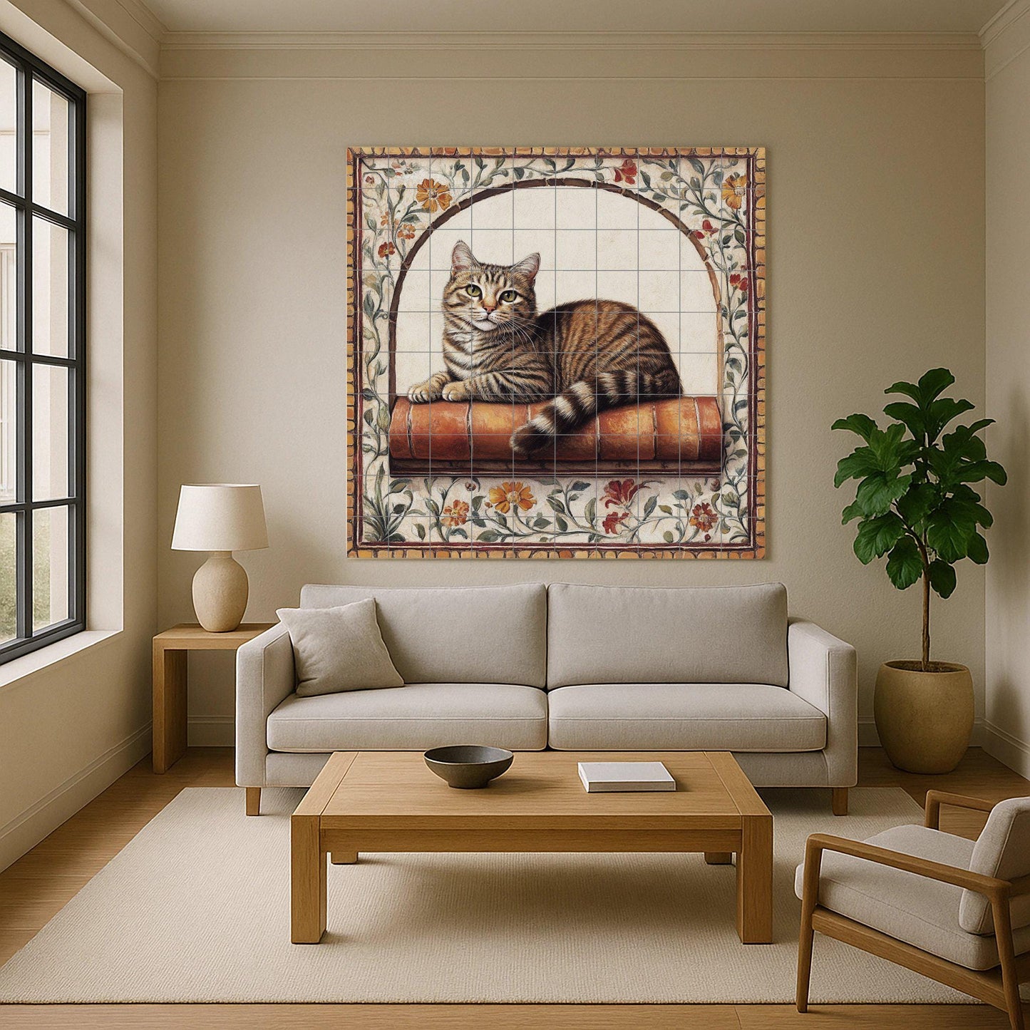 Ceramic mural of a tabby cat: Feline resting on a terracotta shelf with a floral arch, vintage charm and warm artistic details.