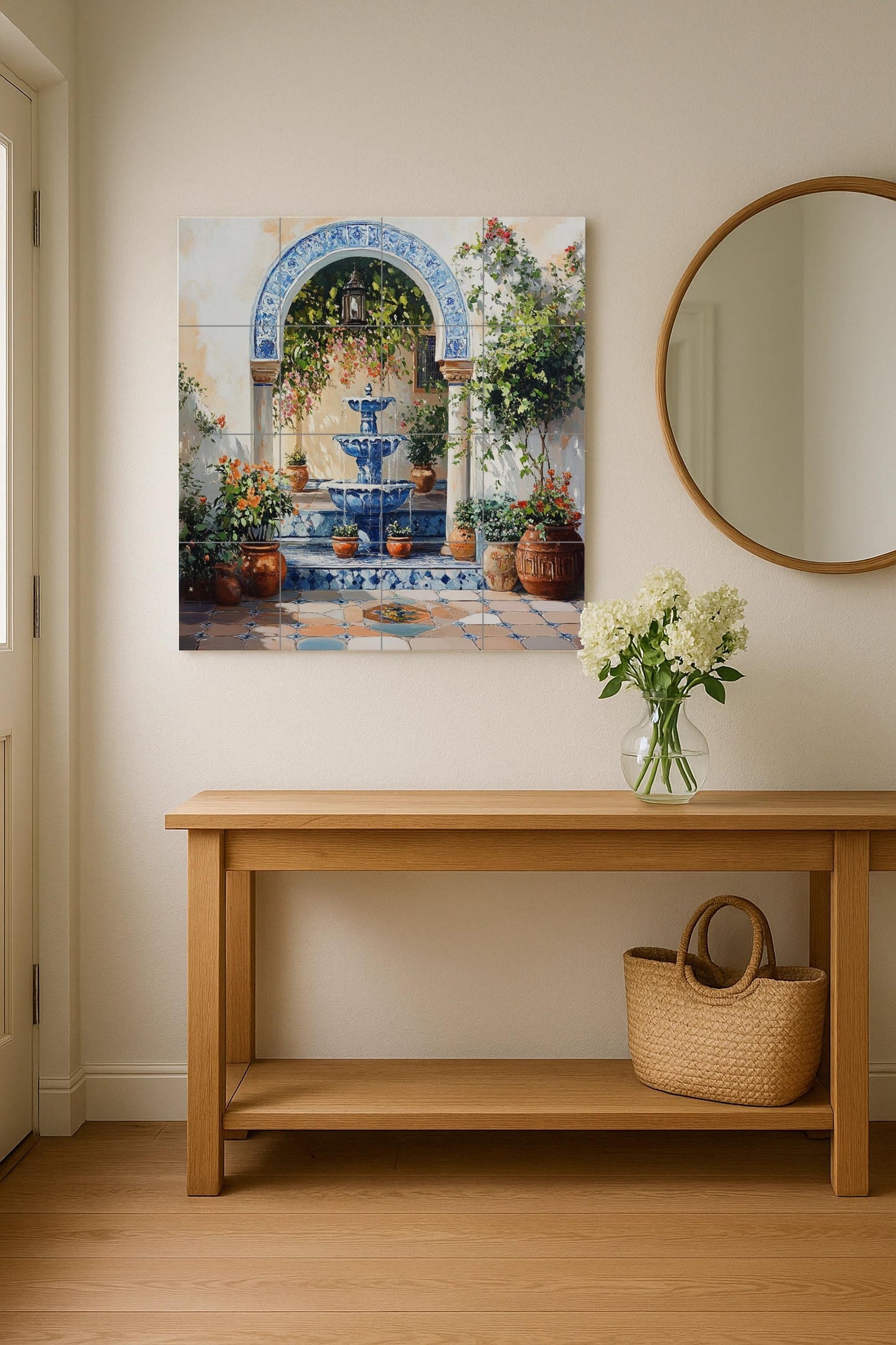 Fountain mural in a Mediterranean courtyard: blue ceramic arch with flowering vines and terracotta pots, Andalusian elegance