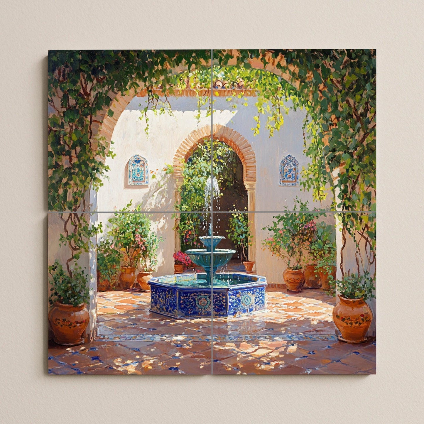 Ceramic mural of an Andalusian patio: Sunny fountain with terracotta pots and vine arches, Mediterranean garden scene