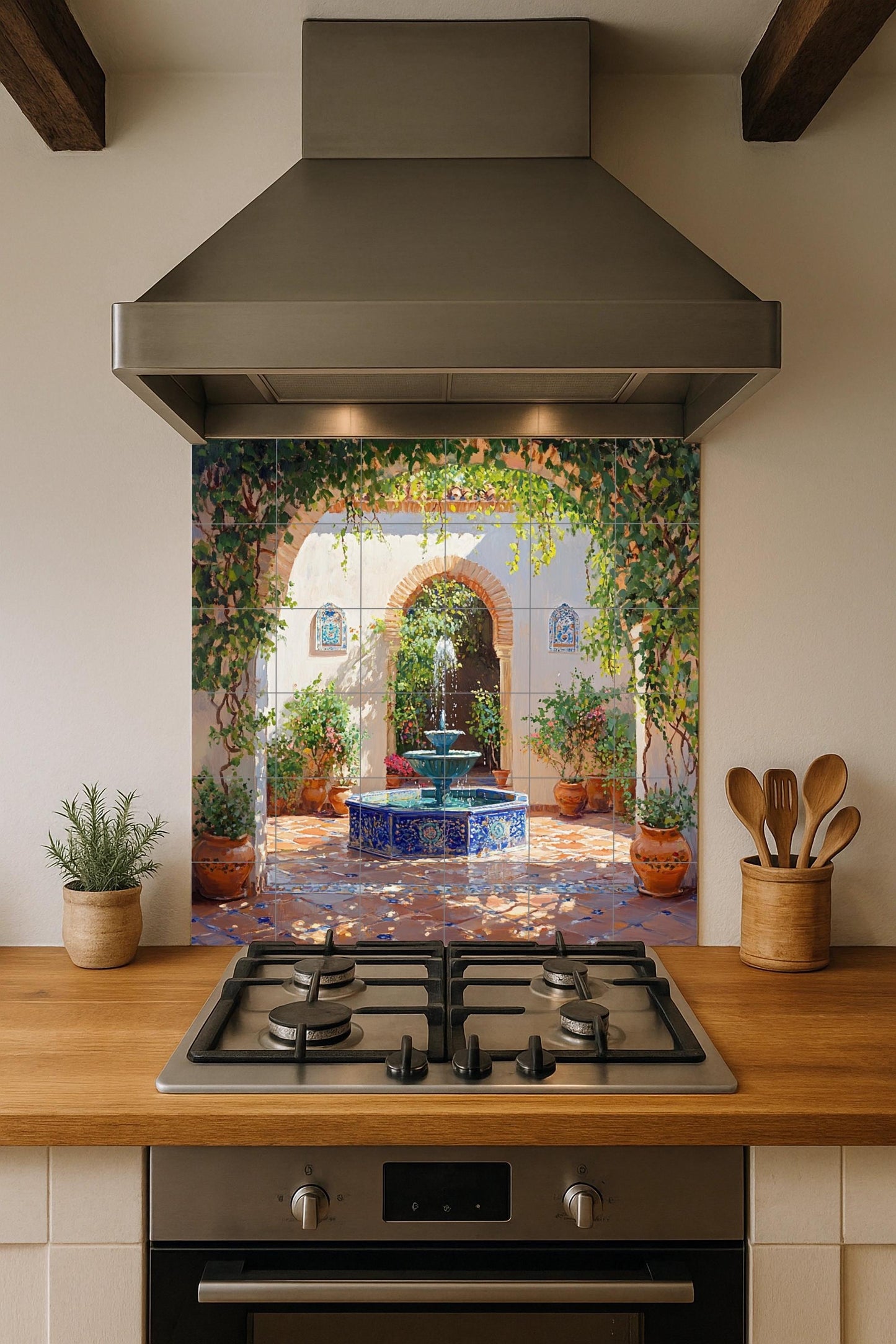 Ceramic mural of an Andalusian patio: Sunny fountain with terracotta pots and vine arches, Mediterranean garden scene