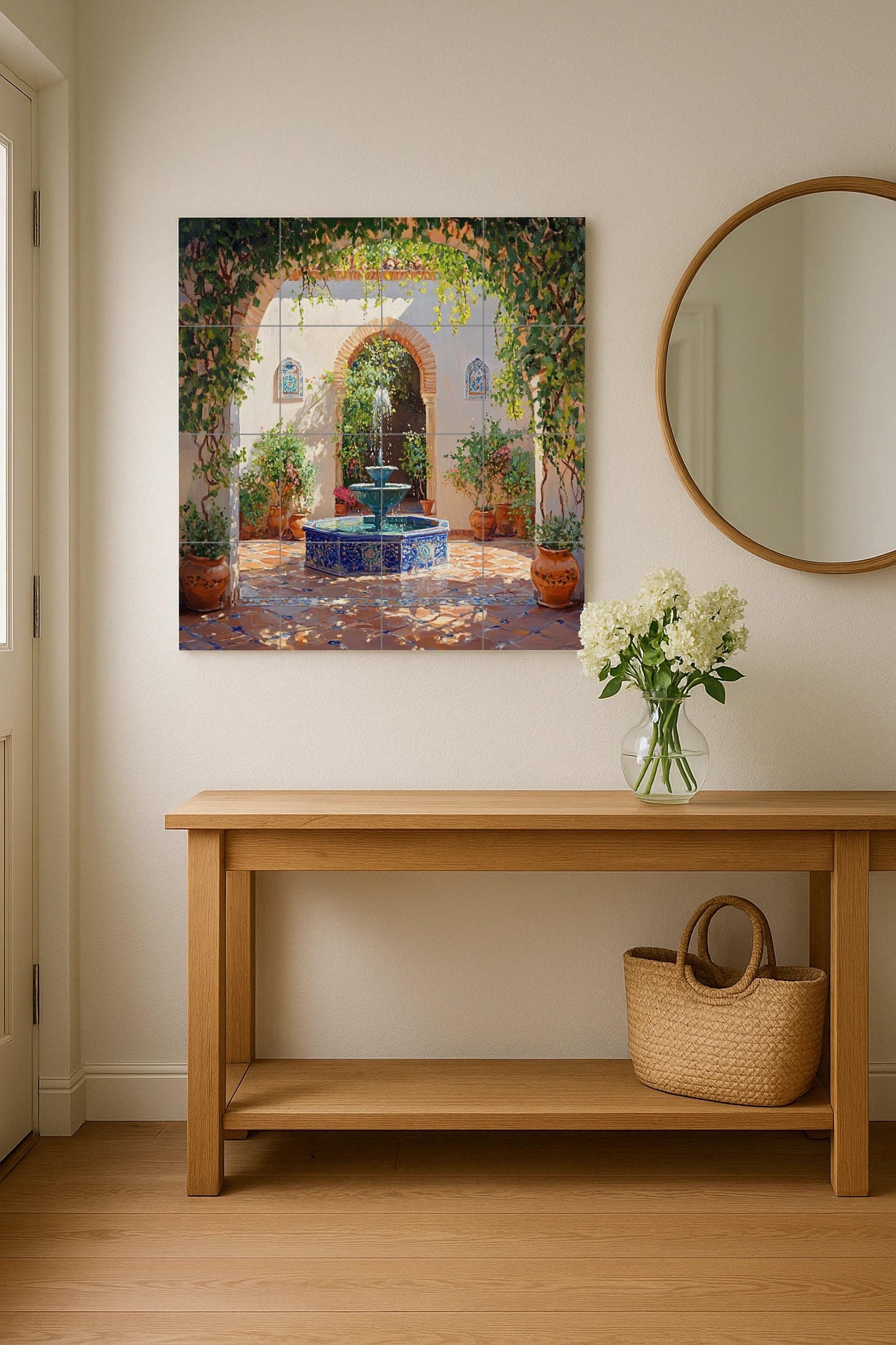 Ceramic mural of an Andalusian patio: Sunny fountain with terracotta pots and vine arches, Mediterranean garden scene