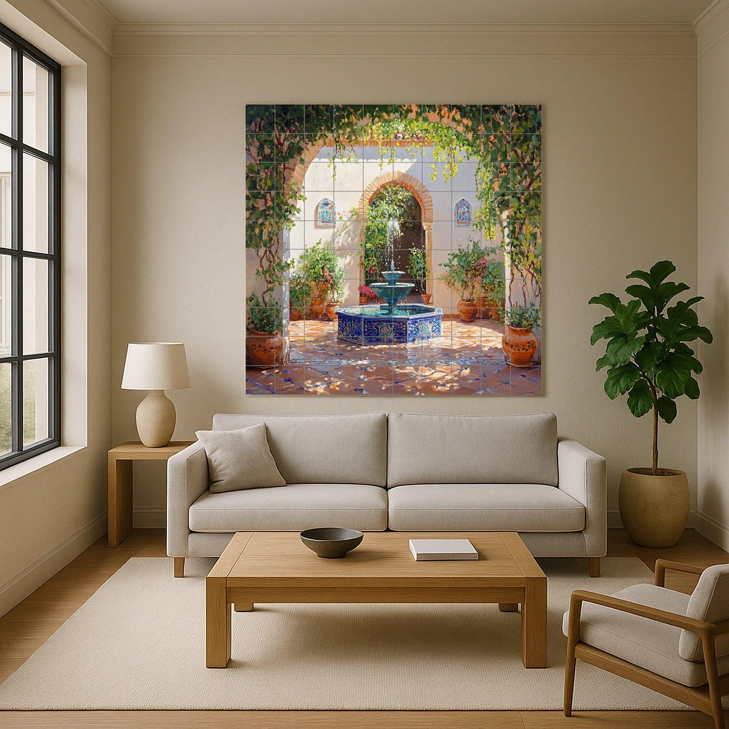 Ceramic mural of an Andalusian patio: Sunny fountain with terracotta pots and vine arches, Mediterranean garden scene