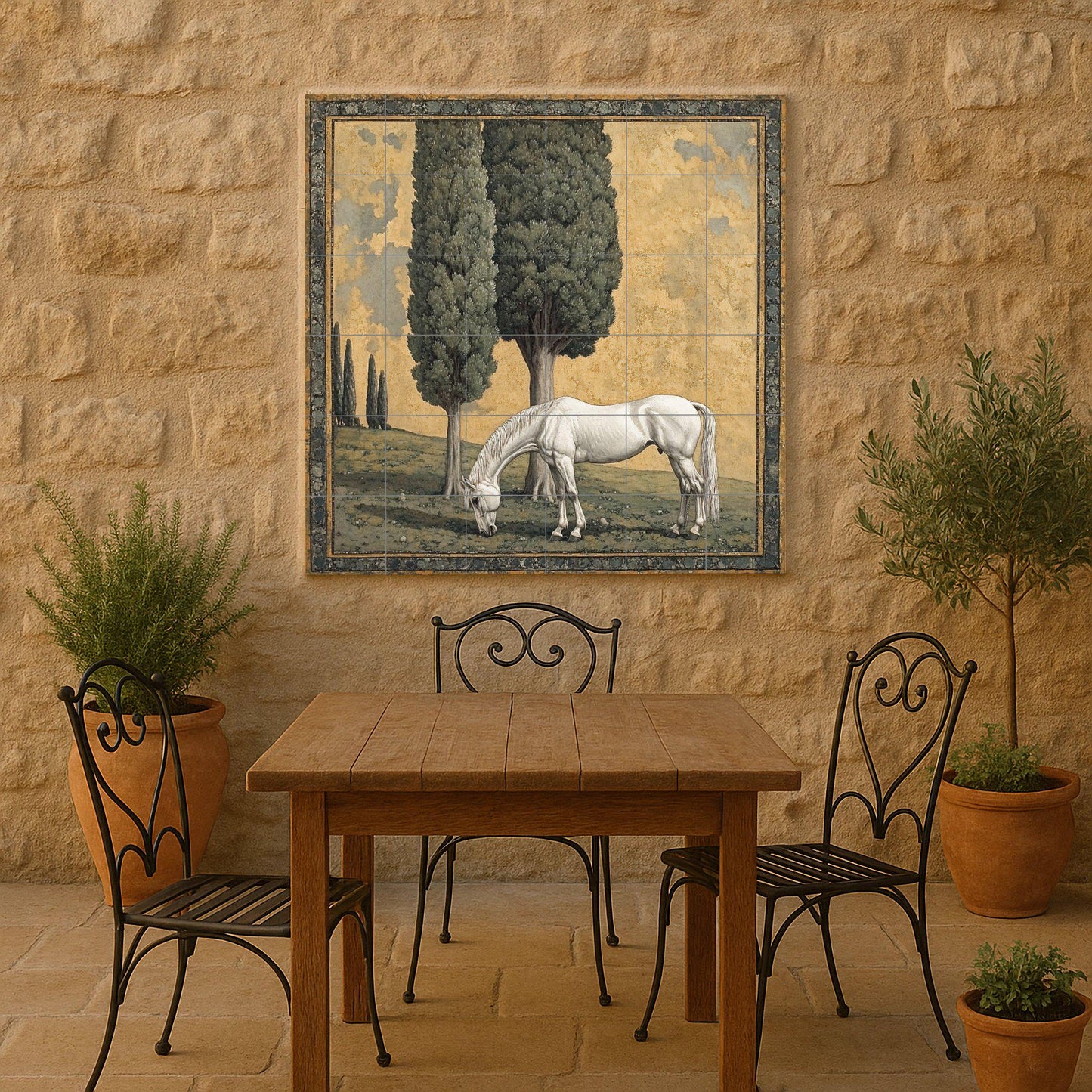 Ceramic mural "Pastoral Grace": White horse under cypress trees, peaceful country scene in classic landscape style