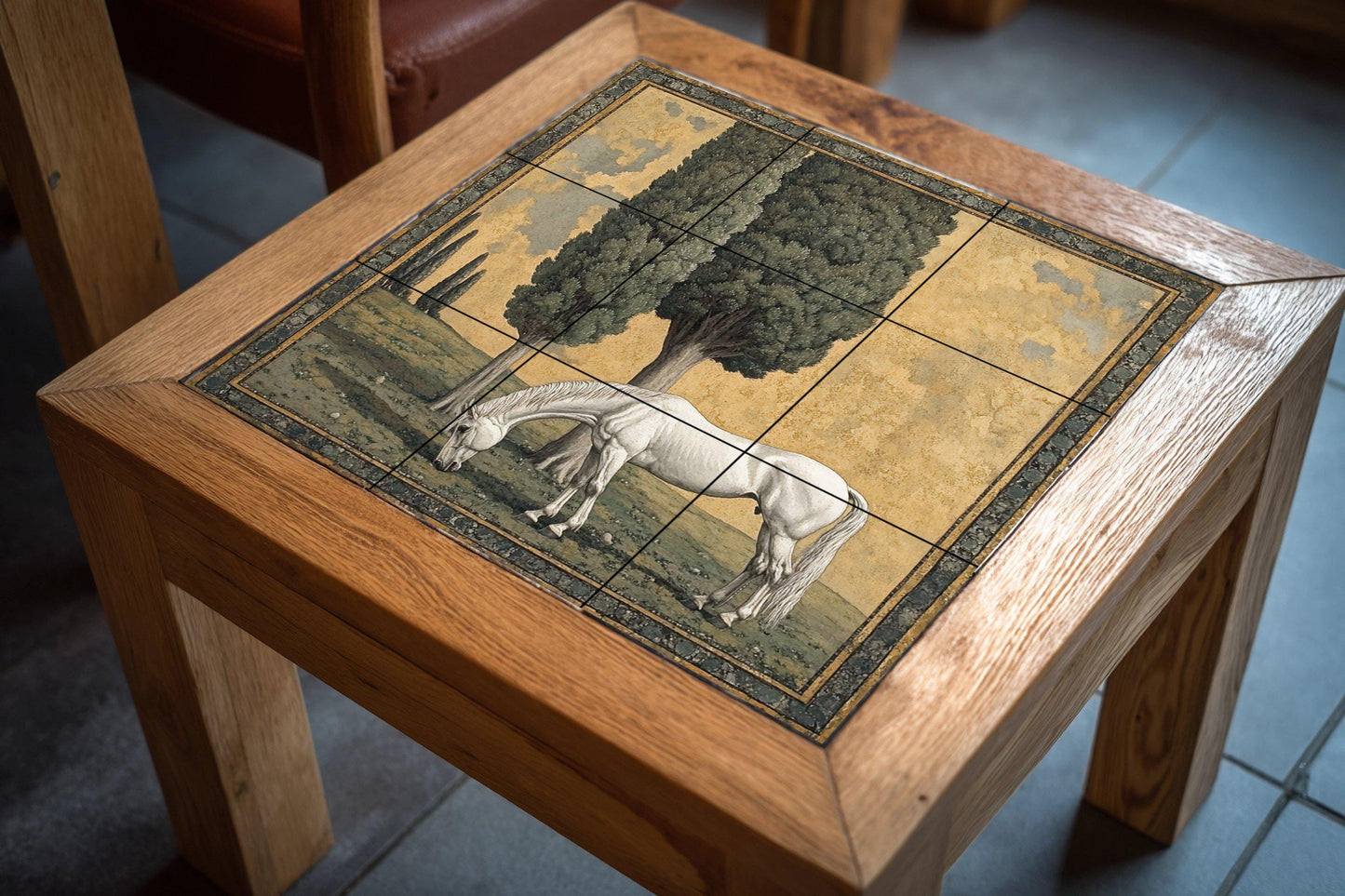 Ceramic mural "Pastoral Grace": White horse under cypress trees, peaceful country scene in classic landscape style
